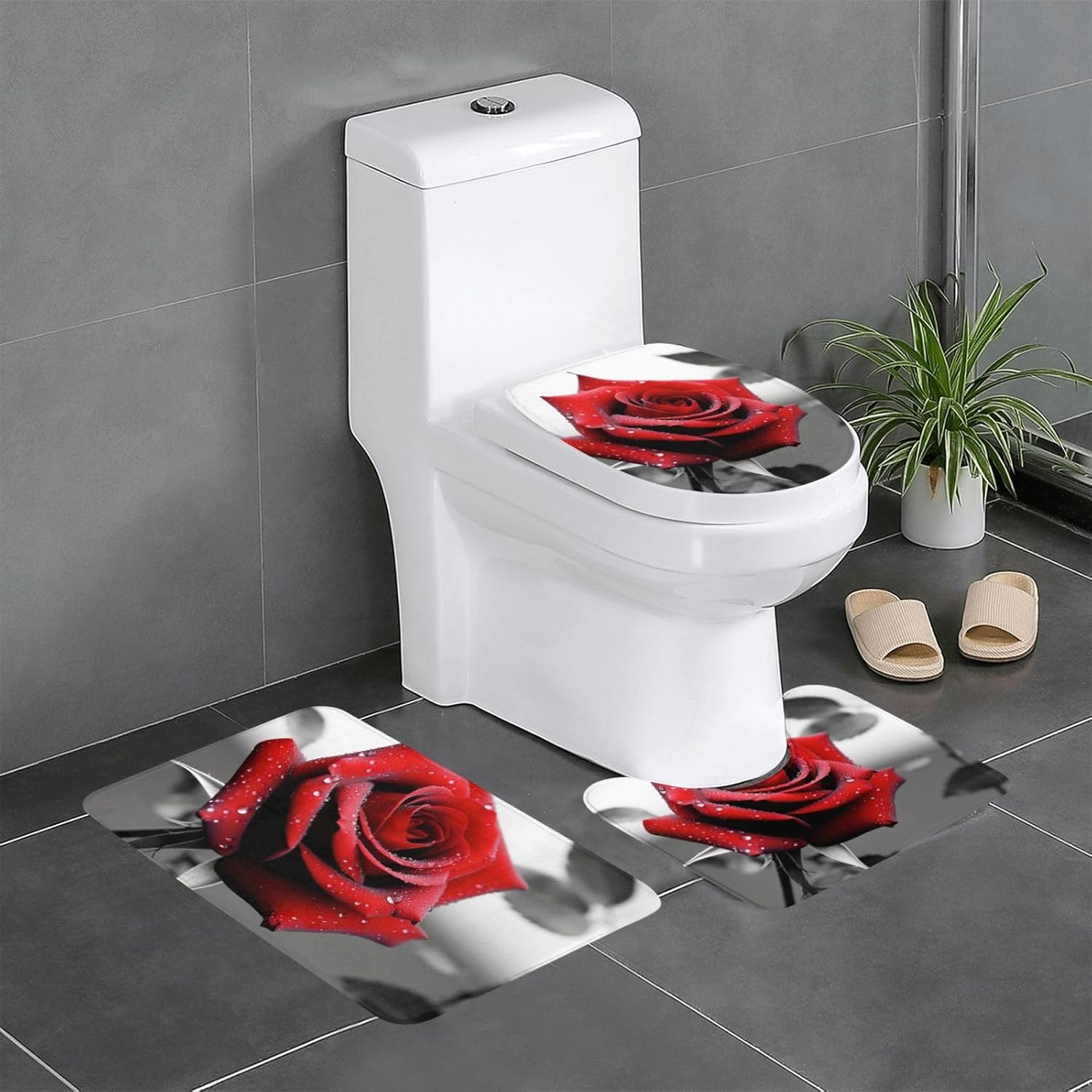 Black and White Red Rose Bath Mat Set 3 Piece Non-Slip Absorbent Bathroom Rug Toilet Seat Lid Cover U Shaped Toilet Contour Mat for Bedroom Toilet Bathroom Decorations