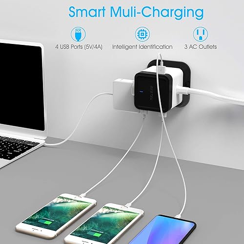 Miniatura 5 de BESTEK Regleta de alimentación con USB, enchufe múltiple con 3 tomacorrientes, 4 USB, cable de extensión de 5 pies, torre protectora de