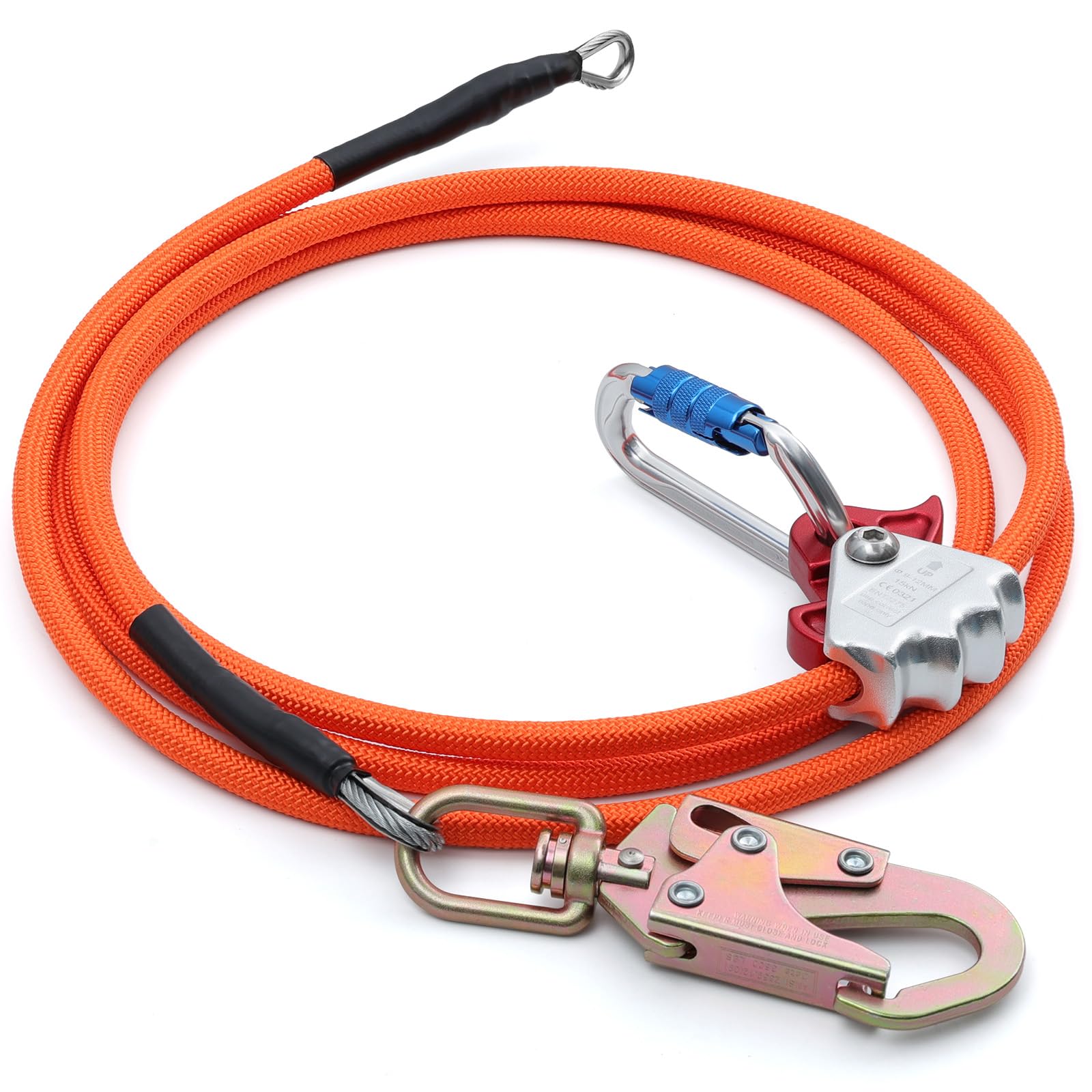 Cable de alambre de acero, kit de cordón de posicionamiento de arborista de protección contra caídas | Arborist - Equipo de escalada de árboles con gancho giratorio, mosquetón de triple bloqueo y ajustador de cuerda