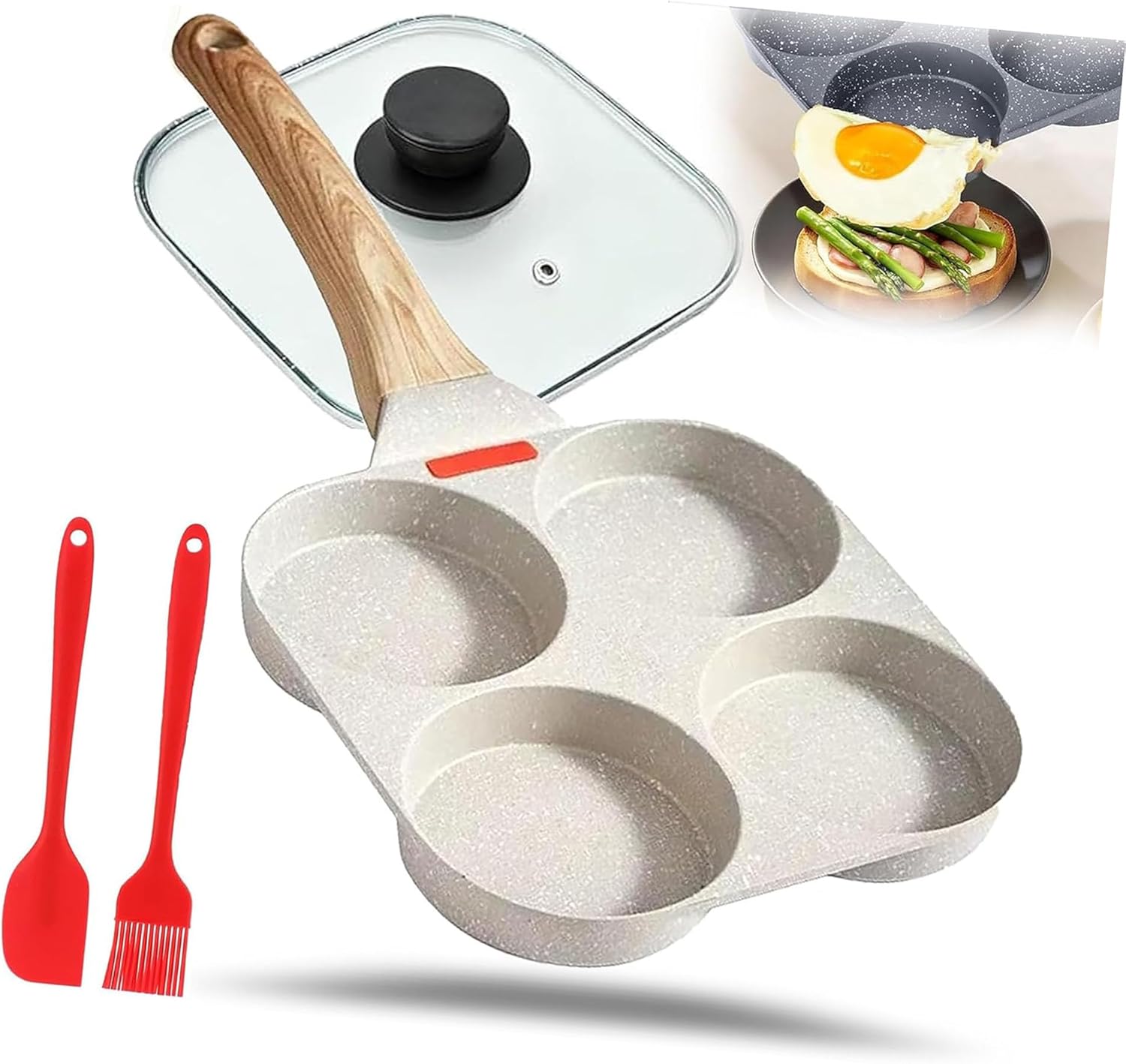Purposean Non-Stick Egg Frying Pan, 4 Holes Skillet with Handle, Omelet Non Stick Cookware Fry Pans, Suitable for Gas Stove & Induction Cookware. (White)