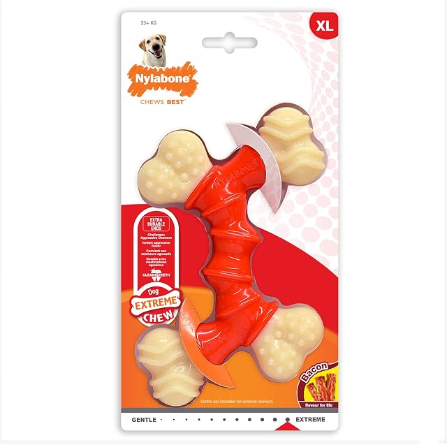 Nylabone Extreme Tough Dog Chew Toy, Double Bend Bone, Cleans Teeth, Bacon Flavour, Extra Large, for Dogs over 23 kg