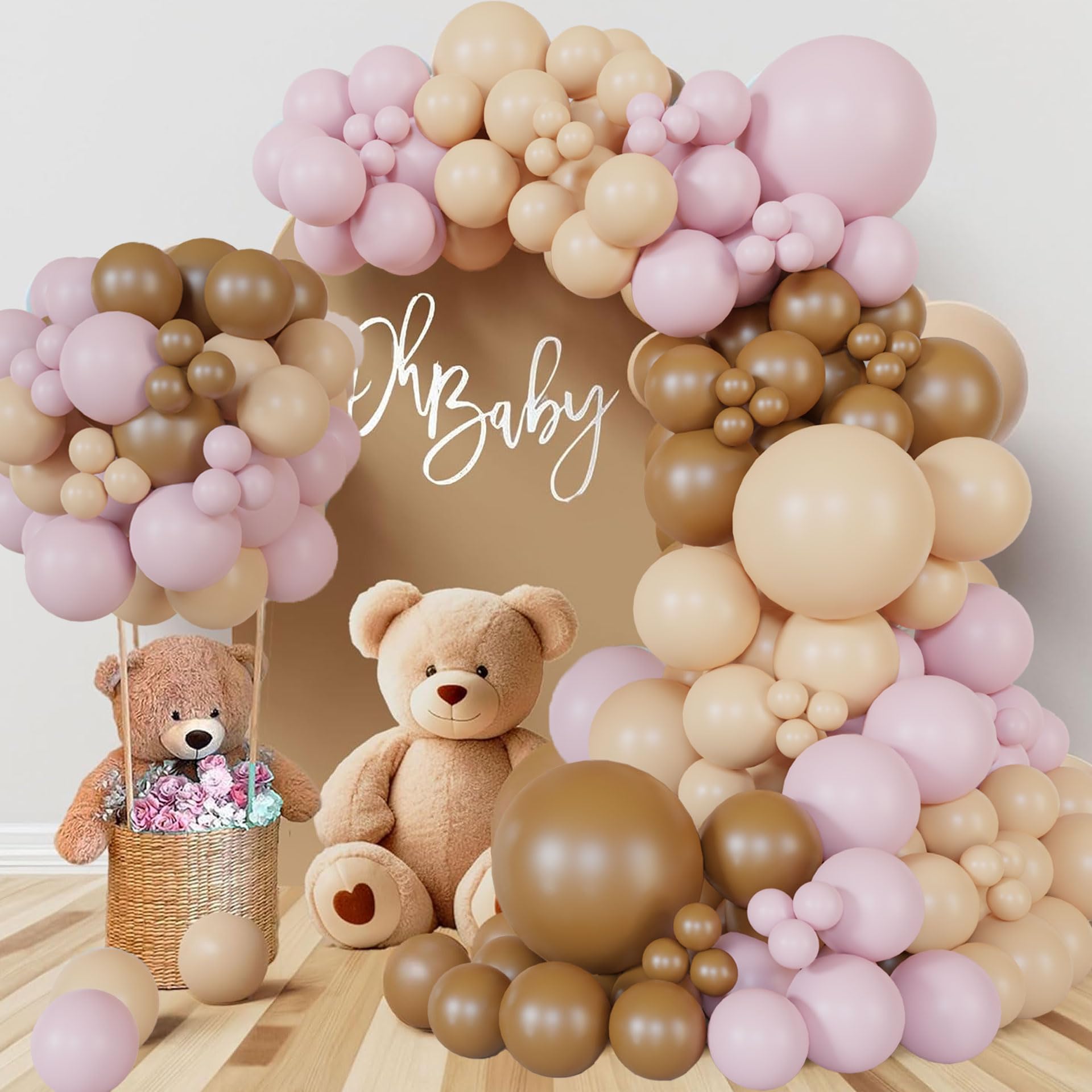 Teddy Bear theme Balloon Arch Kit Light Pink beige Tan and Brown Globos cream Ballon garland for Baby Shower Girl Decorations Gender Reveal Party Woodland Backdrop Supplies