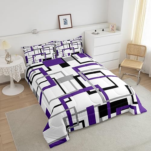 Miniatura 4 de Erosebridal Juego de ropa de cama cuadrada para niños y niñas, color morado, gris, negro, juego de edredón geométrico, edredón de plumón con patrón