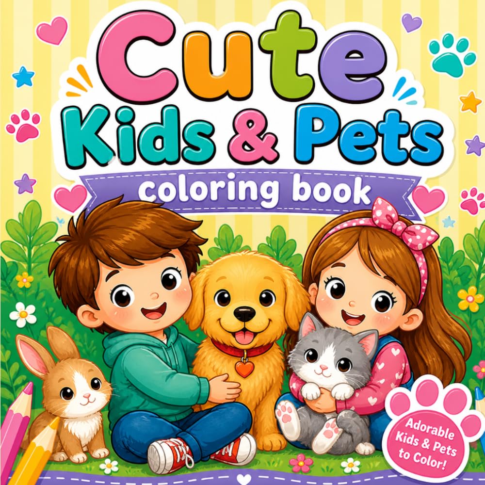 Cute Kids & Pets Coloring Book: 50 Cute & Adorable Coloring Pages | Fun, Simple & Easy Designs with Pets for Kids Ages 4–8, 8.5" x 8.5"
