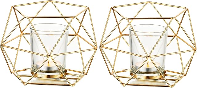 Romadedi Candle Holders Gold Geometric Decor - Tealight Holder for Tea Lights Decorative Candle Stand Accents for Home Table Shelf Mantel Modern Geo Decoration, Wedding Reception Décor, Gold, 2pcs