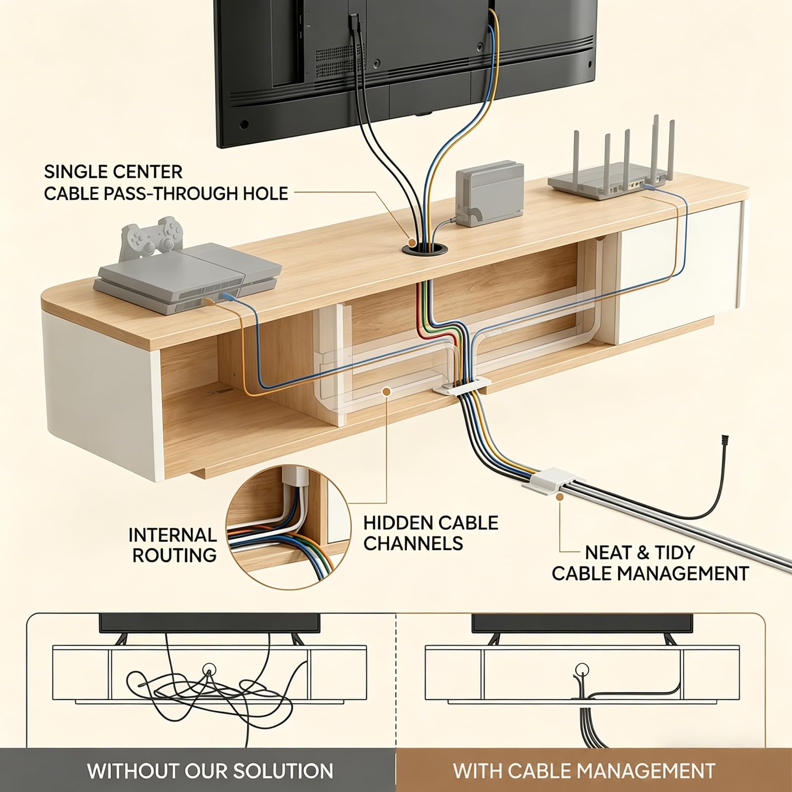 Mobile TV moderno 280 cm Beige e Bianco, Mobile TV basso con 2 cassetti e 2 ante a ribalta, Piano TV sospeso, Gestione dei cavi di alta qualità, Tavolo TV per soggiorno e sala da pranzo