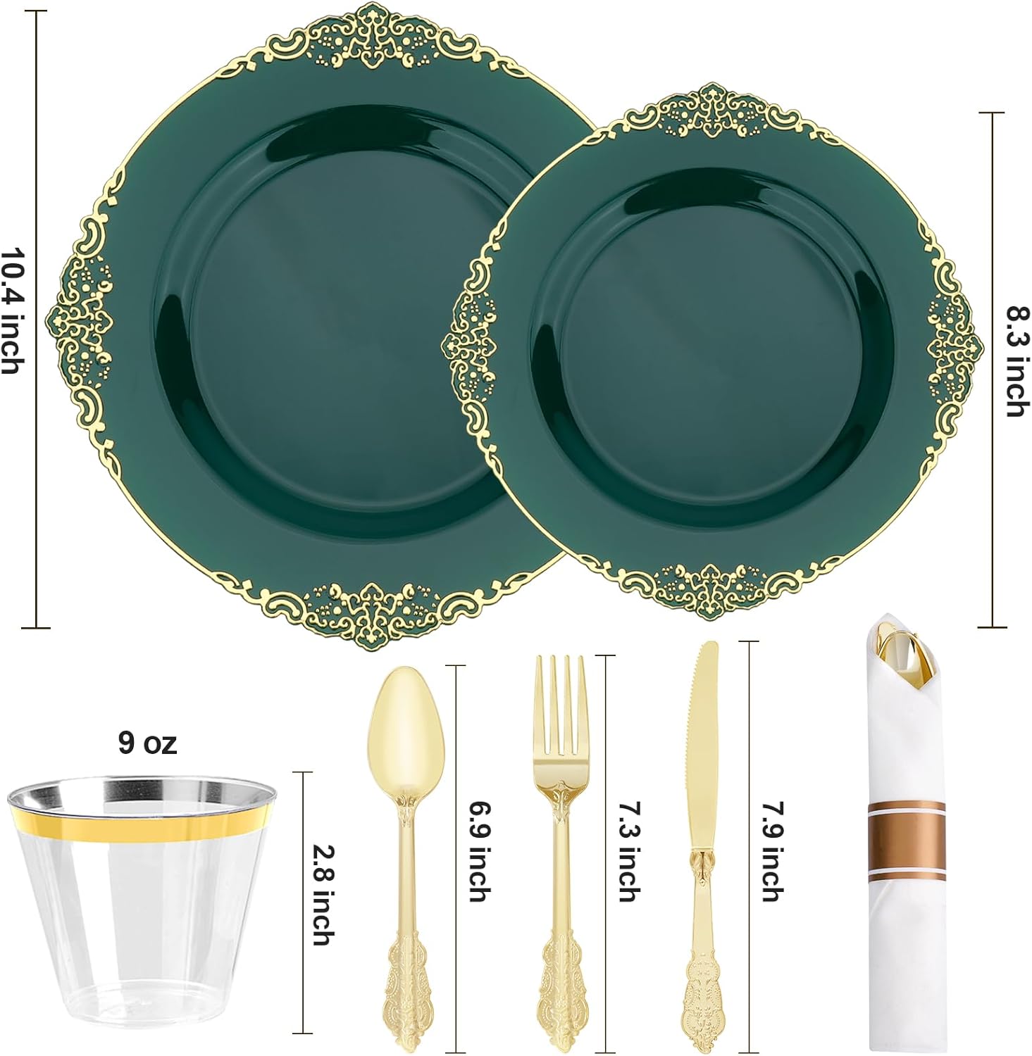 350 PCS Green and Gold Plastic Plates, Plastic Dinnerware Set for 50 Guests, 100 Disposable Plates, 150 Silverwares, 50 Cups, 50 Napkins for Party, Wedding, Graduation - Image 2