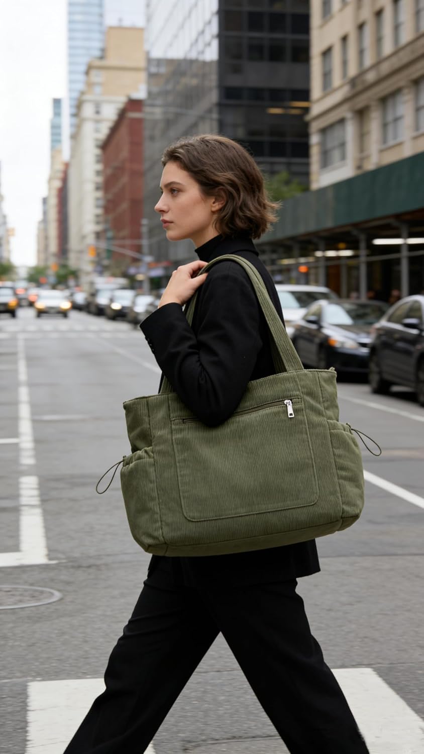 Tote Bag for Women Large Corduroy Tote Work Bags with Compartments Shoulder Bag Handbag for Travel, Teacher Nurse - Image 3