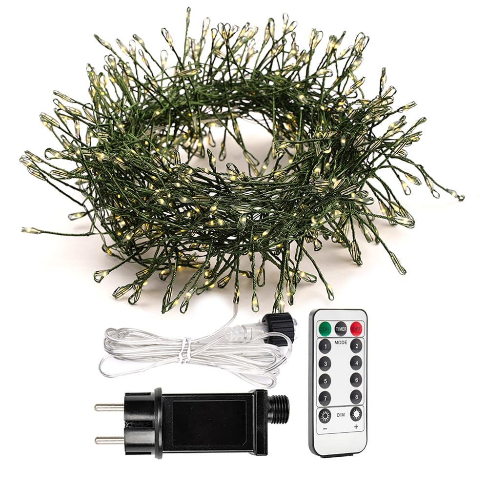 Accendi Petardo Luci 30m 1000 LED Bianco Caldo Verde Filo Cluster Lucine con Telecomando per Camera da Letto,Matrimonio,Compleanno,Festa,Albero di Natale,Giardino,Patio