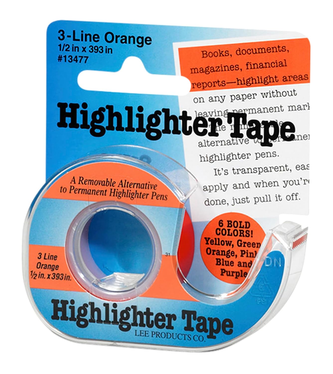 Lee 3-Line Removable Highlighter Tape, 1/2 X 393 Inches with Dispenser, Orange