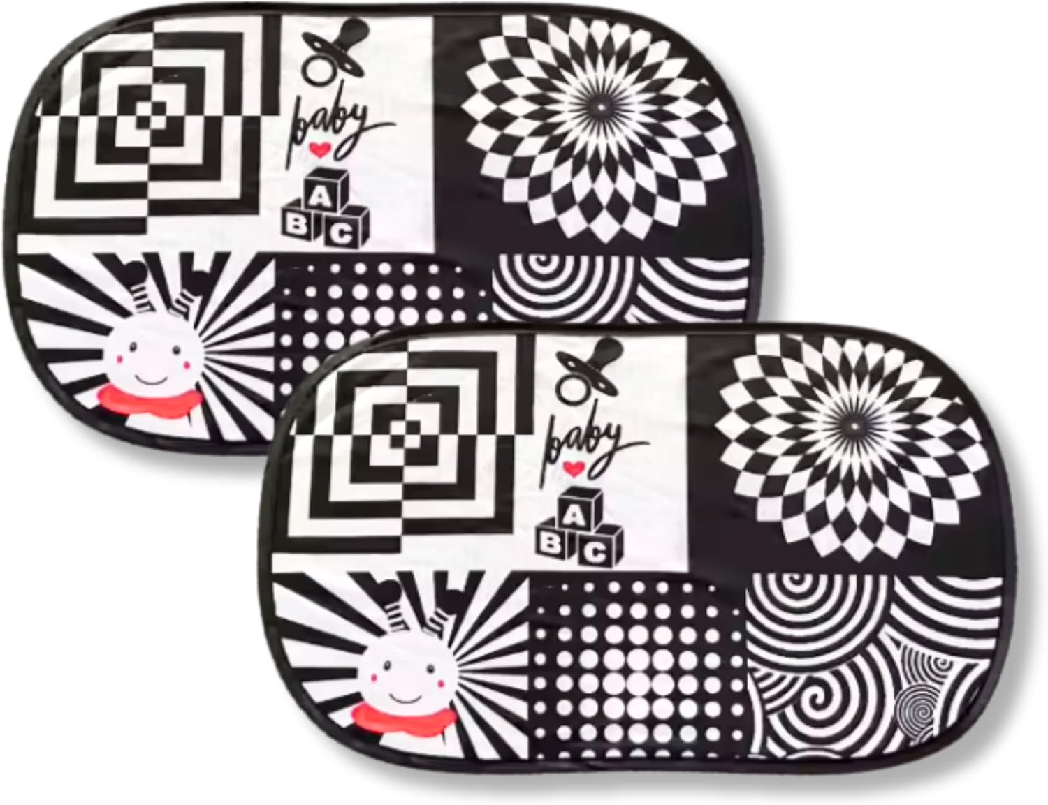 Baby Car Window Shade for Infants – High Contrast Black & White Visual Stimulation for Babies – Keeps Baby Calm & Engaged During Car Rides – Easy Cling Sun Shade (2 Pack)