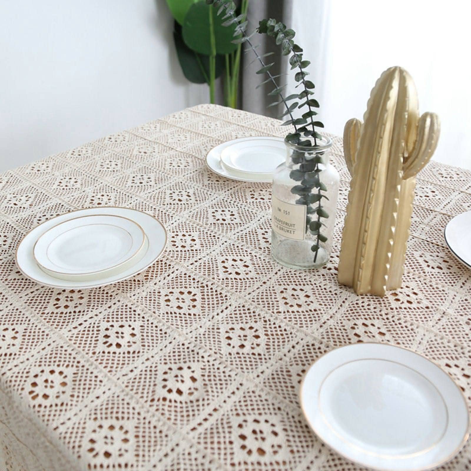 Juego de mantel grande de algodón, 180 x 180 cm, diseño de flores huecas de encaje, desechable, protector de mesa para exteriores, decoración de mesa con clips para fiestas y eventos