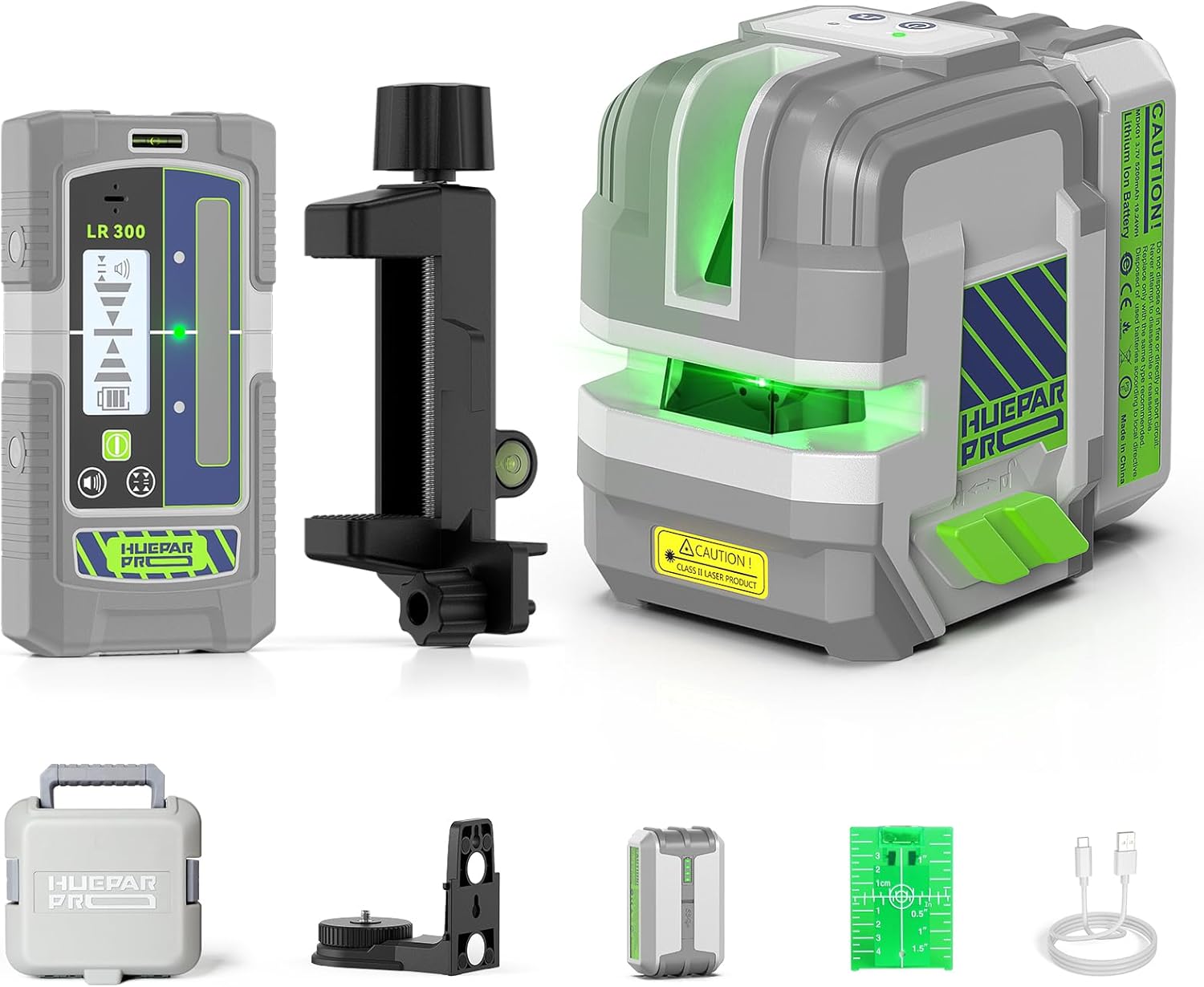 Huepar Pro Laser Level Rechargeable, Self Leveling Green Cross Line Laser Level Tool with Outdoor Pulse Mode, 18-Hour Long Runtime with Laser Receiver -GK011SG&LR300