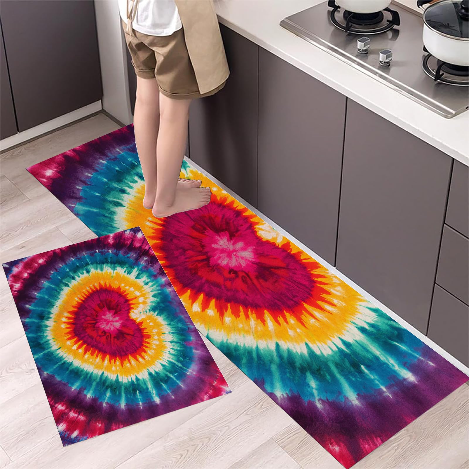 Alfombras antideslizantes tie-dye con soporte antifatiga para proteger tus pies en la cocina