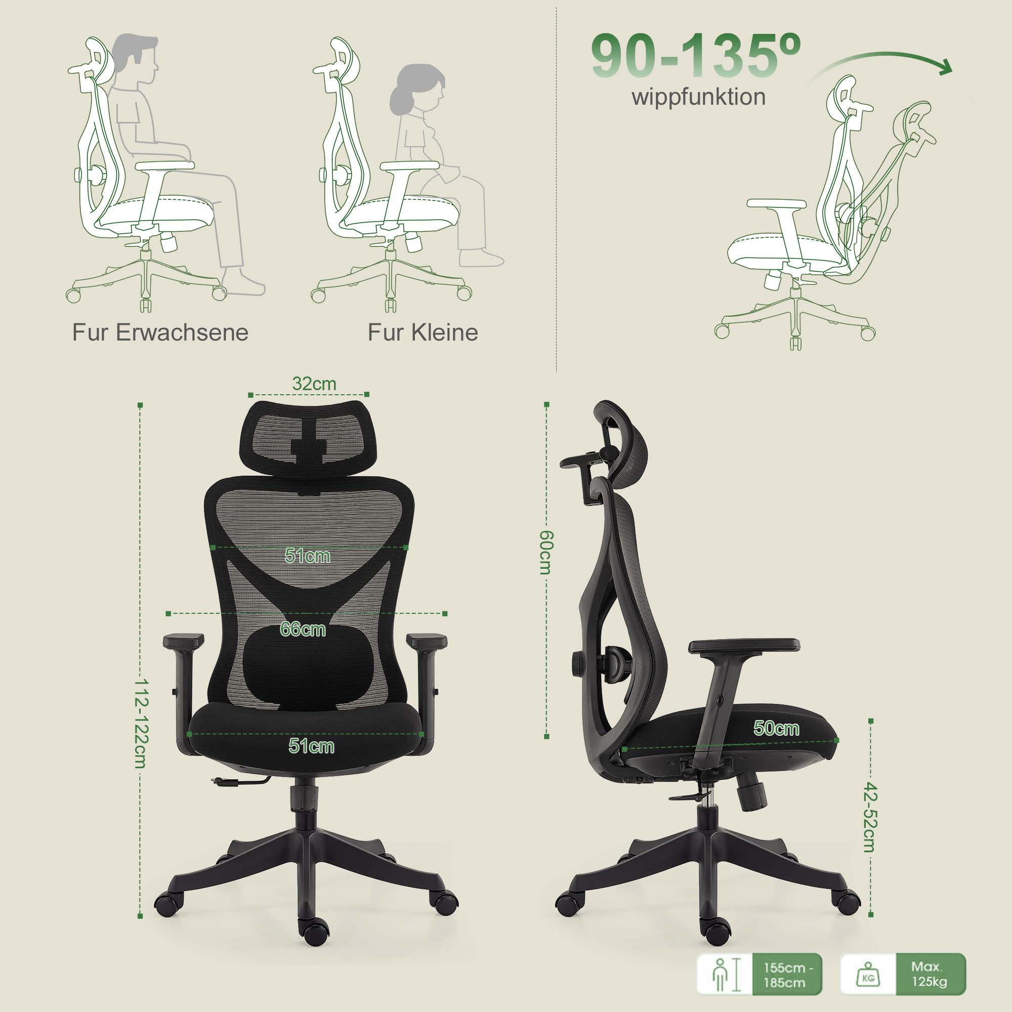 CALIYO G-1635H Bürostuhl Ergonomisch, Schreibtischstuhl mit Verstellbarer Kopfstütze, Armlehnen, Lendenstütze und Wippfunktion – Atmungsaktiver Mesh-Drehstuhl, Gamingstuhl, Bürostuhl 150 kg, Schwarz