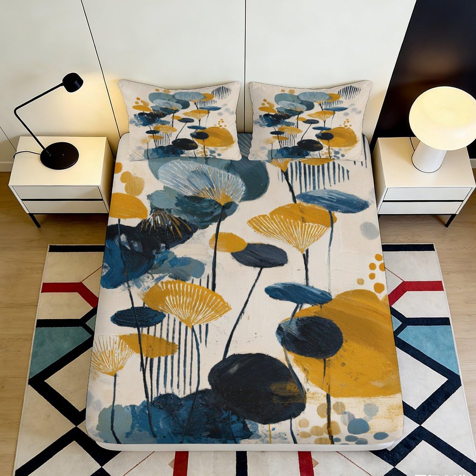 3D Printed Abstract Blue Yellow Lotus Fitted Sheet Microfiber Soft Art Mattress Cover for Bedroom Dorm Decor 160x200x25cm