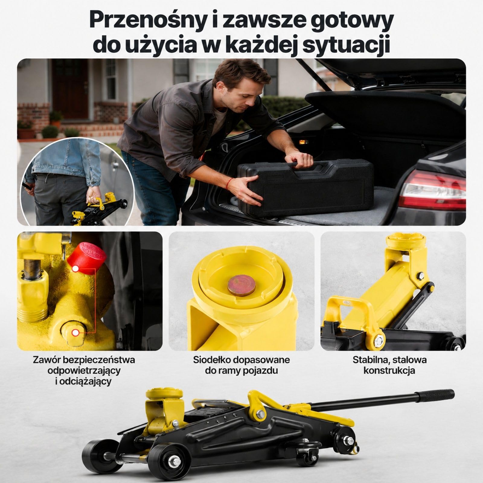 Niskoprofilowy hydrauliczny podnośnik podłogowy ze stali, 1,5 t, pompa z pojedynczym tłokiem, koła 360°, zakres podnoszenia 13-31 cm, do samochodów sportowych i sedanów, żółty czarny
