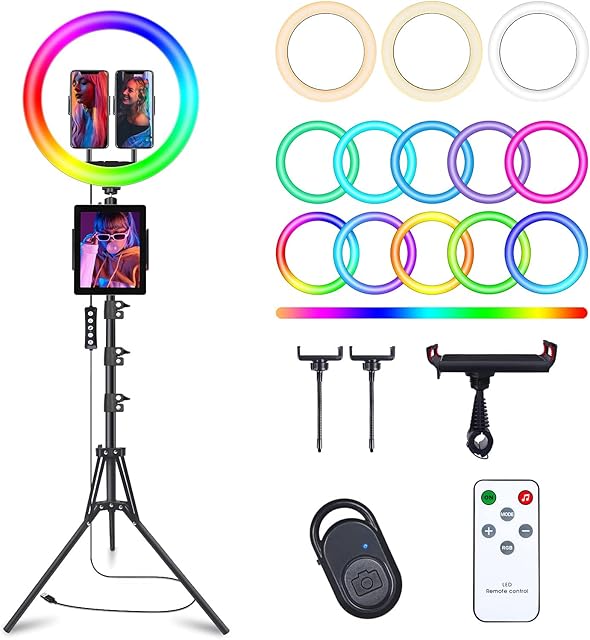 Herrfilk Lampa pierścieniowa 13 cali ze statywem, stojak na telefon komórkowy i tablet, 3000-6000 K, 12 jasności, tryby muzyki, 48 trybów światła RGB, lampa pierścieniowa LED ze statywem do selfie,