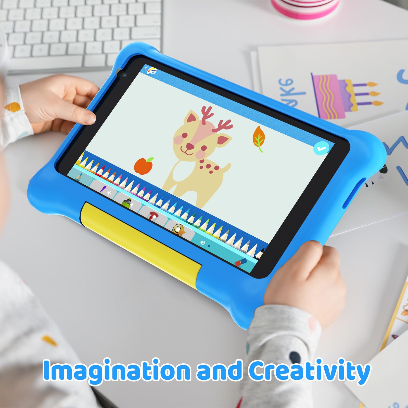 Tablet per bambini 7 pollici Android 12 con Custodia,Wifi,Bluetooth,Modalità di Controllo Parentale,Doppia Fotocamera,Protezione Degli Occhi,Tablet di Apprendimento di Google Services (blue)