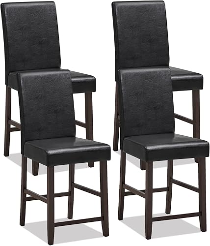 GOFLAME Juego de 4 taburetes de bar de 24 pulgadas, sillas de bar tapizadas de piel sintética con patas de madera de goma maciza y respaldo