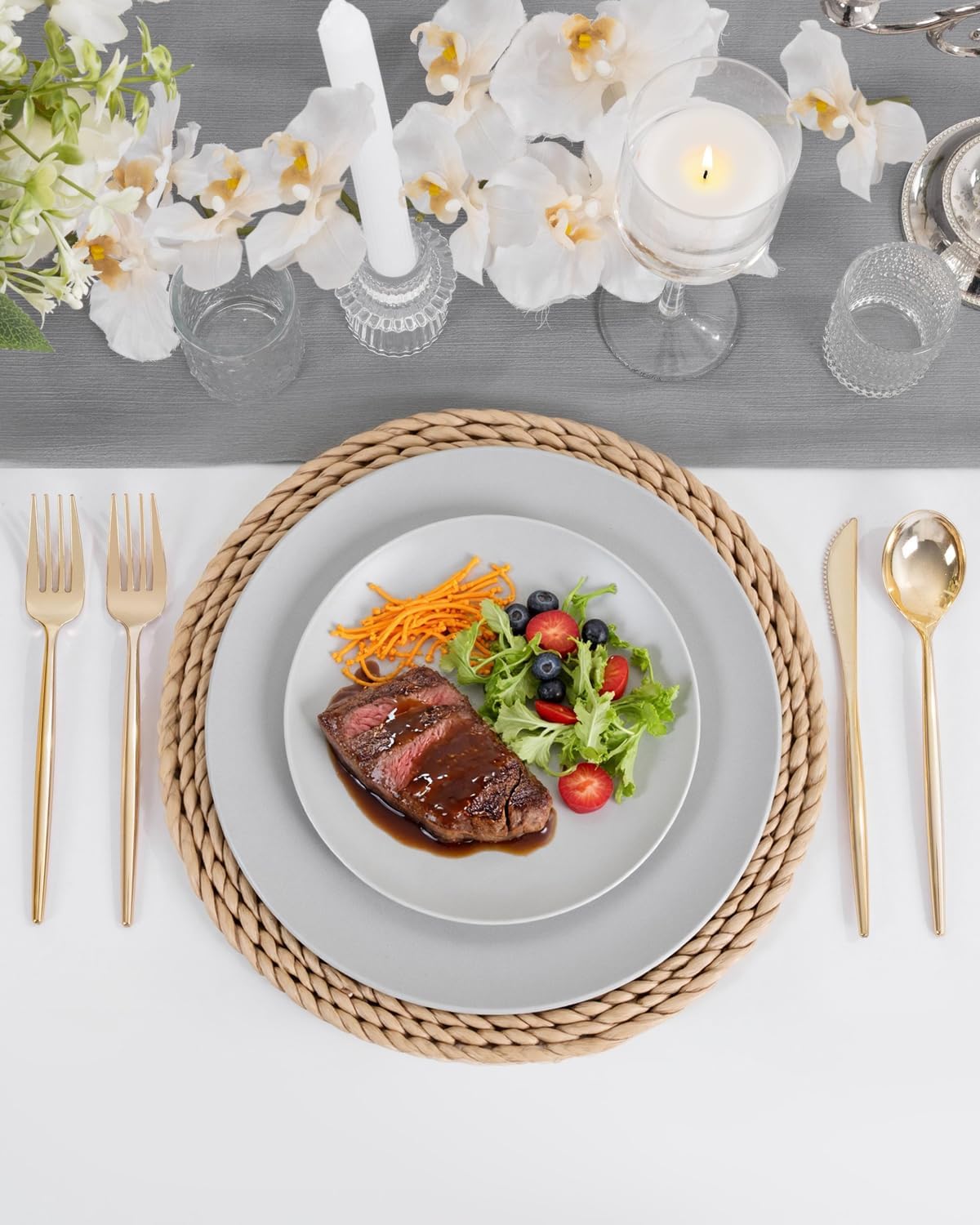 WONDERFUL 32pcs Light Grey Plastic Plates Reusable Unbreakable & Dishwasher safe Dishes Set Outdoor Plates Includes:16 Dinner 10" and 16 Dessert Plate 7.3" Ideal for BBQ Camping Outdoor Party