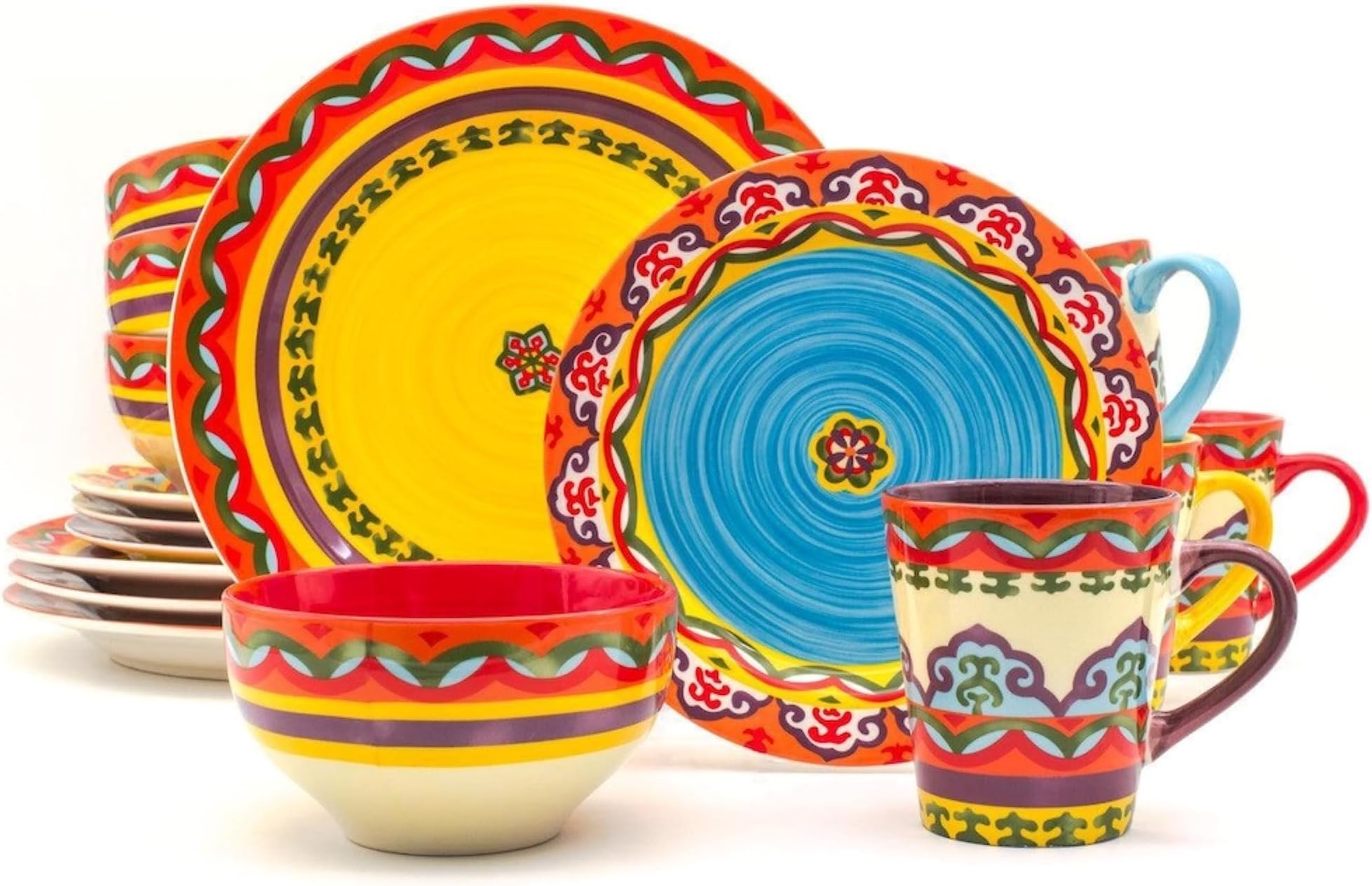Euro Ceramica EC-GAL-1001 Galicia Collection Andalusian-Inspired 16 Piece Dinnerware Set, Vibrant Assorted Patterns, Multicolor
