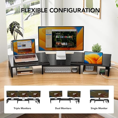 Miniatura 3 de HUANUO Soporte de monitor dual - Soporte para monitor con puertos USB, longitud y ángulo ajustables, elevador de monitor doble con enchufe de