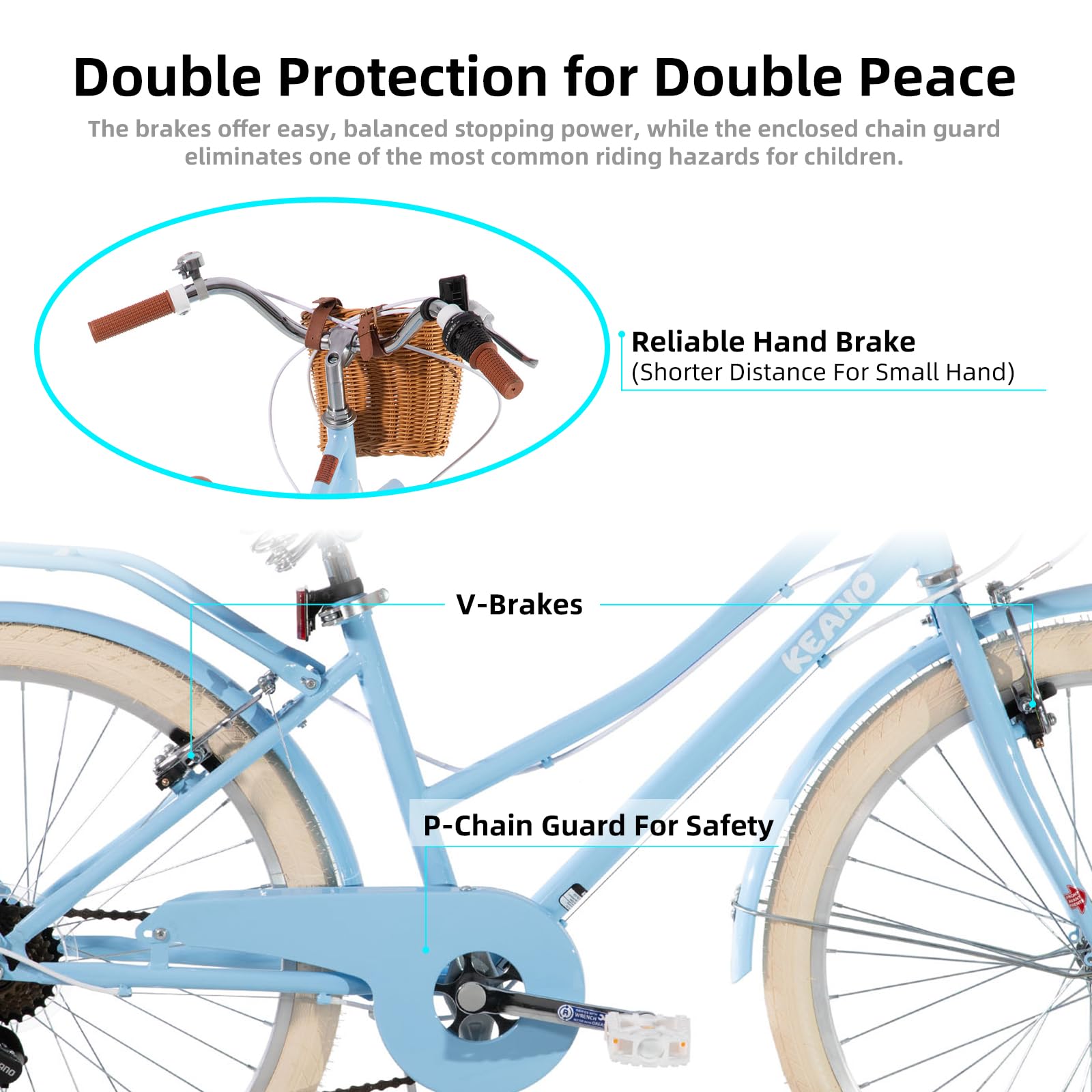 KEANO Poppy 20/24 Zoll Kinderfahrrad für Mädchen von 6 bis 11 Jahren, 20/24 Zoll Mädchenfahrrad mit 7 Gängen und Korb,blau/grün/rosa/lila/gelb