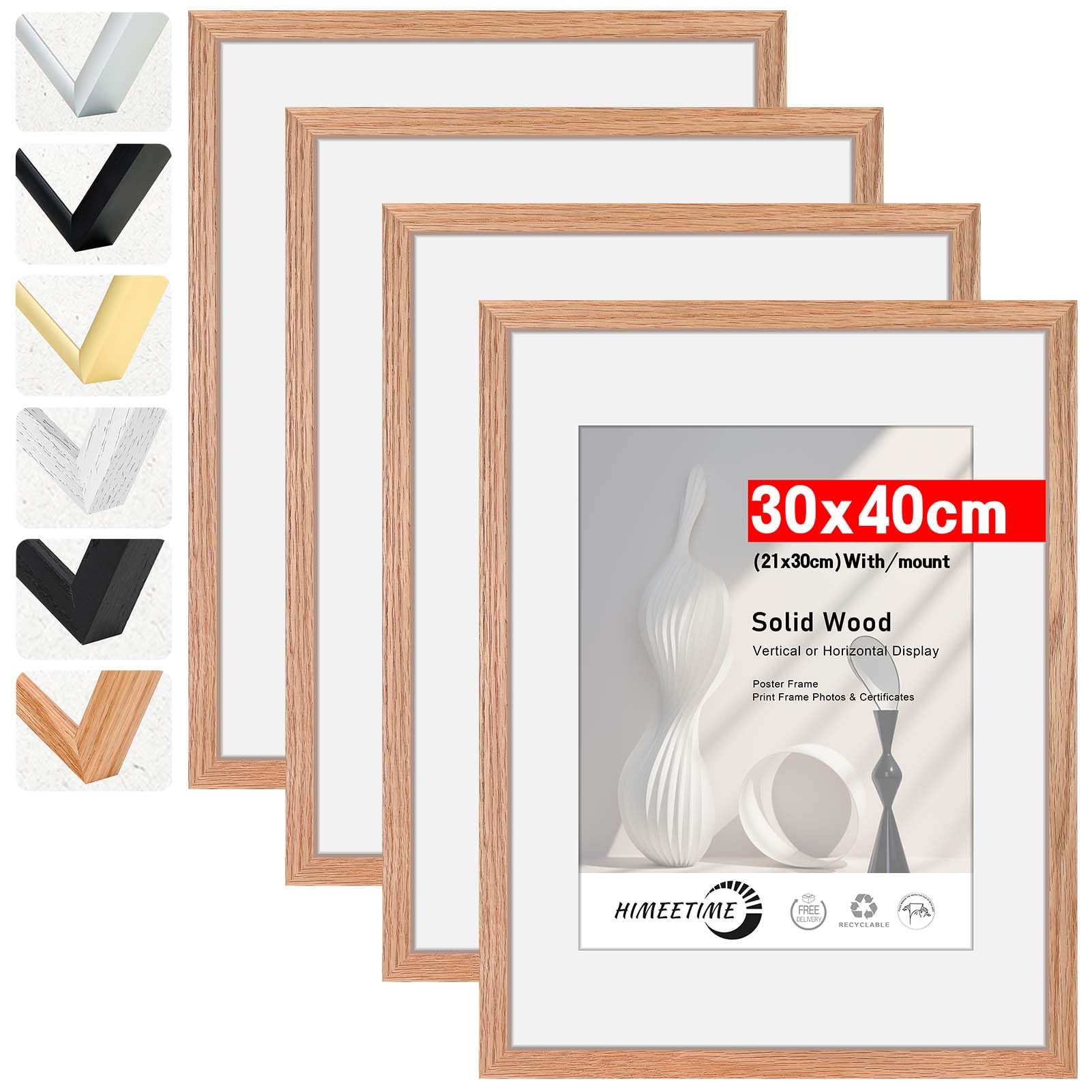 HIMEETIME Juego de 4 Marco de fotos 30x40 cm natural Roble de Madera marcos cuadros con soporte de A4 (21x 29.7cm),Para Decoración de Pared y Decoración hogar marco 30x40 cm