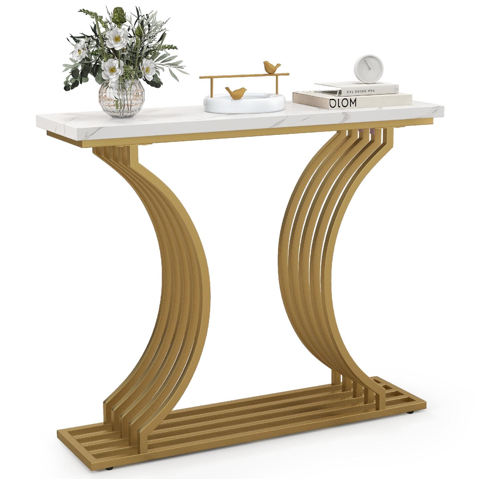 LIFEZEAL Mesa Consola de mármol, Mesa de Entrada con Marco de Metal Dorado, Mesa de recibidor Moderna, Mesa Auxiliar geométrica para Entrada, recibidor, salón, 100 x 29,5 x 80,5 cm