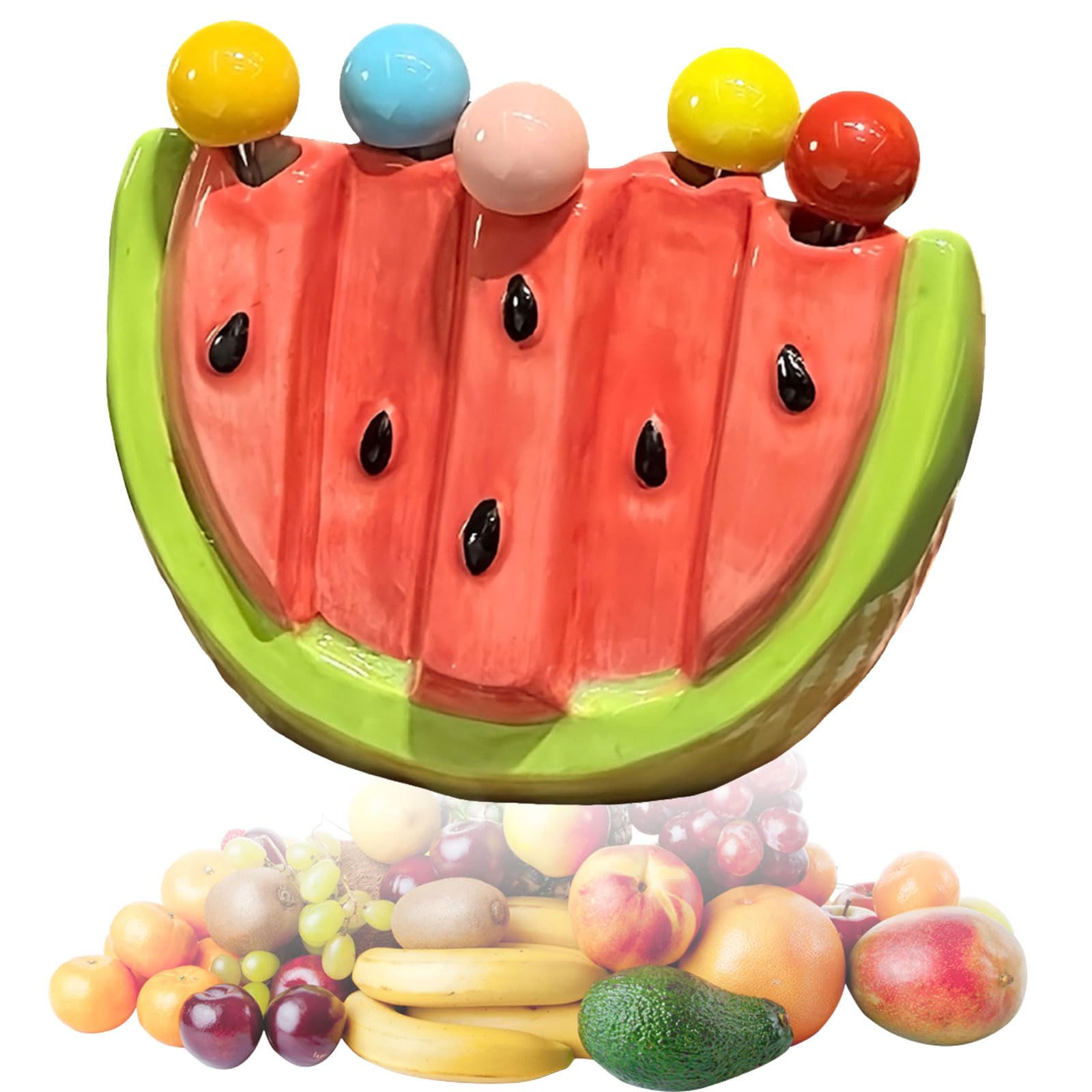 5 Fourchettes à Fruits Dessert en Acier Inoxydable avec Boîte Céramique Pastèque, Fourchettes Pique-Nique Mignonne Décorative pour Cuisine, Fête, Familles, Restaurants