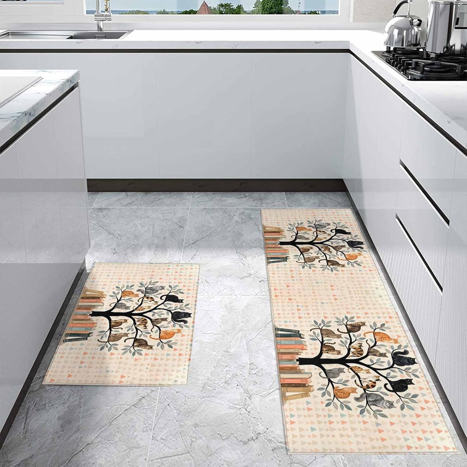 Kitchen Mats for Floor Cute Cats on Tree Books Washable Non Slip Kitchen Rugs 2PCS, Leaves Geometric Triangle Absorbent Standing Mats for Sink Bathroom Office Living Room 15.7x23.6in+15.7x47.2in