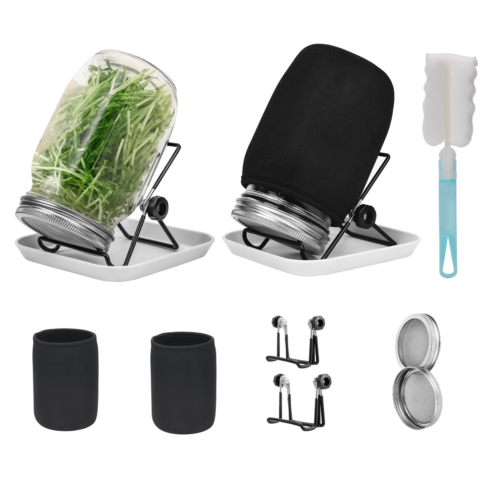 Sprouting Kit, 2 Sprouting Jar Kits, Wide Mouth Quart Mason Jars with Stainless Steel Screen Sprout Lids,1000ml, Stand and Canning Brush,Seed Sprouter Set for Growing Broccoli, Alfalfa