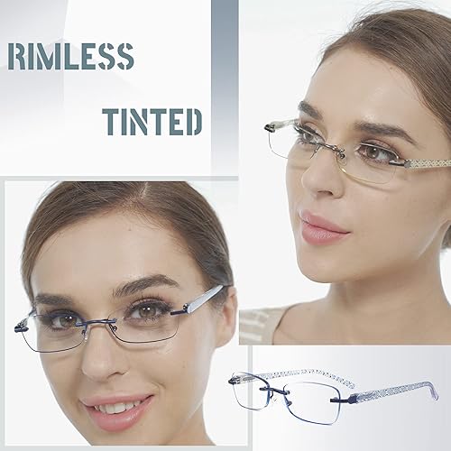 Miniatura 9 de CRGATV Paquete de 4 lentes de lectura tintados sin montura para mujer, bloqueo de luz azul, elegantes lectores, antirrayos UV, fatiga
