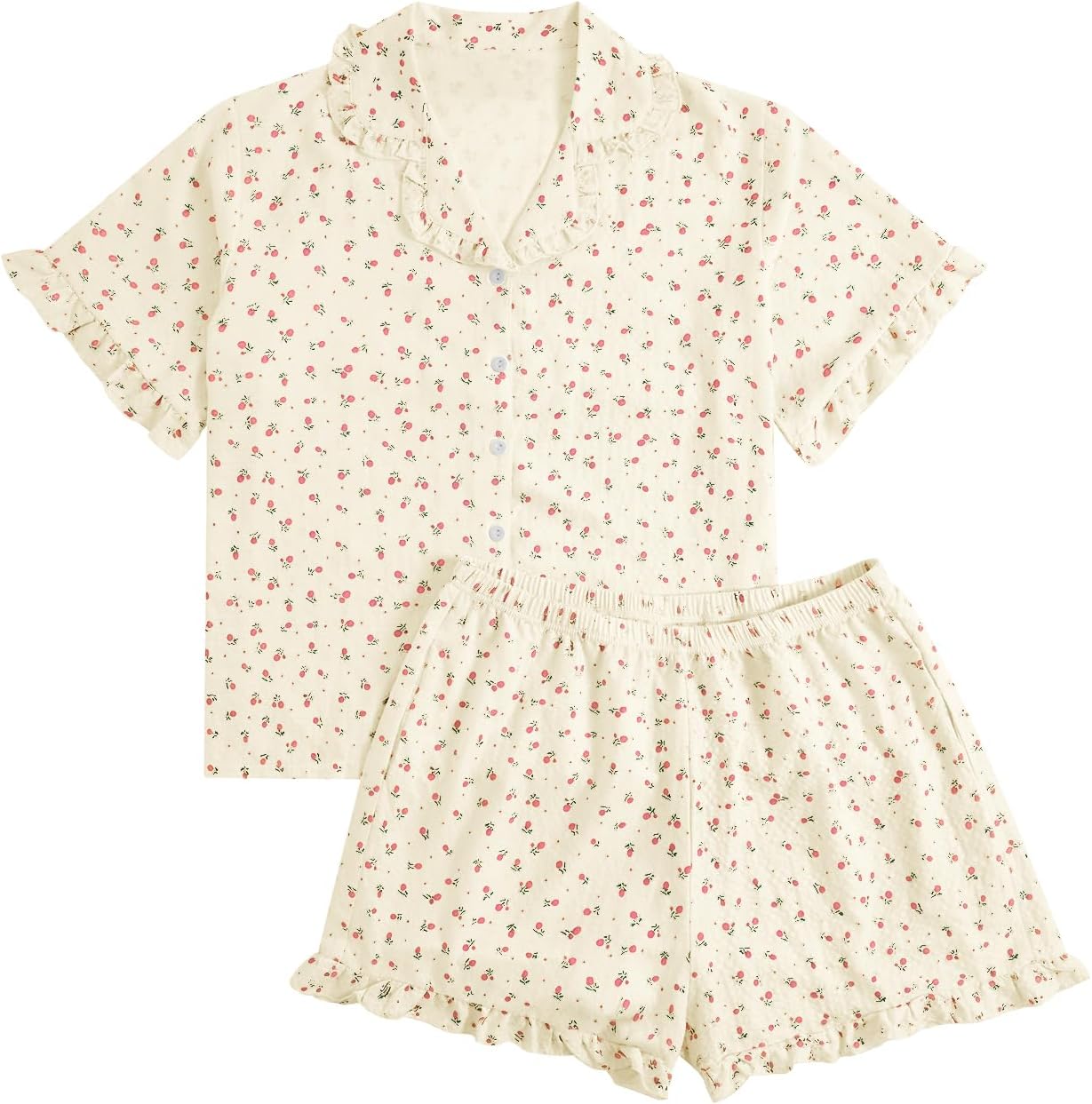 Floerns Women's Plus Size 2 Piece Floral Pajamas Set Casual Ruffle Collared Shirt with Shorts