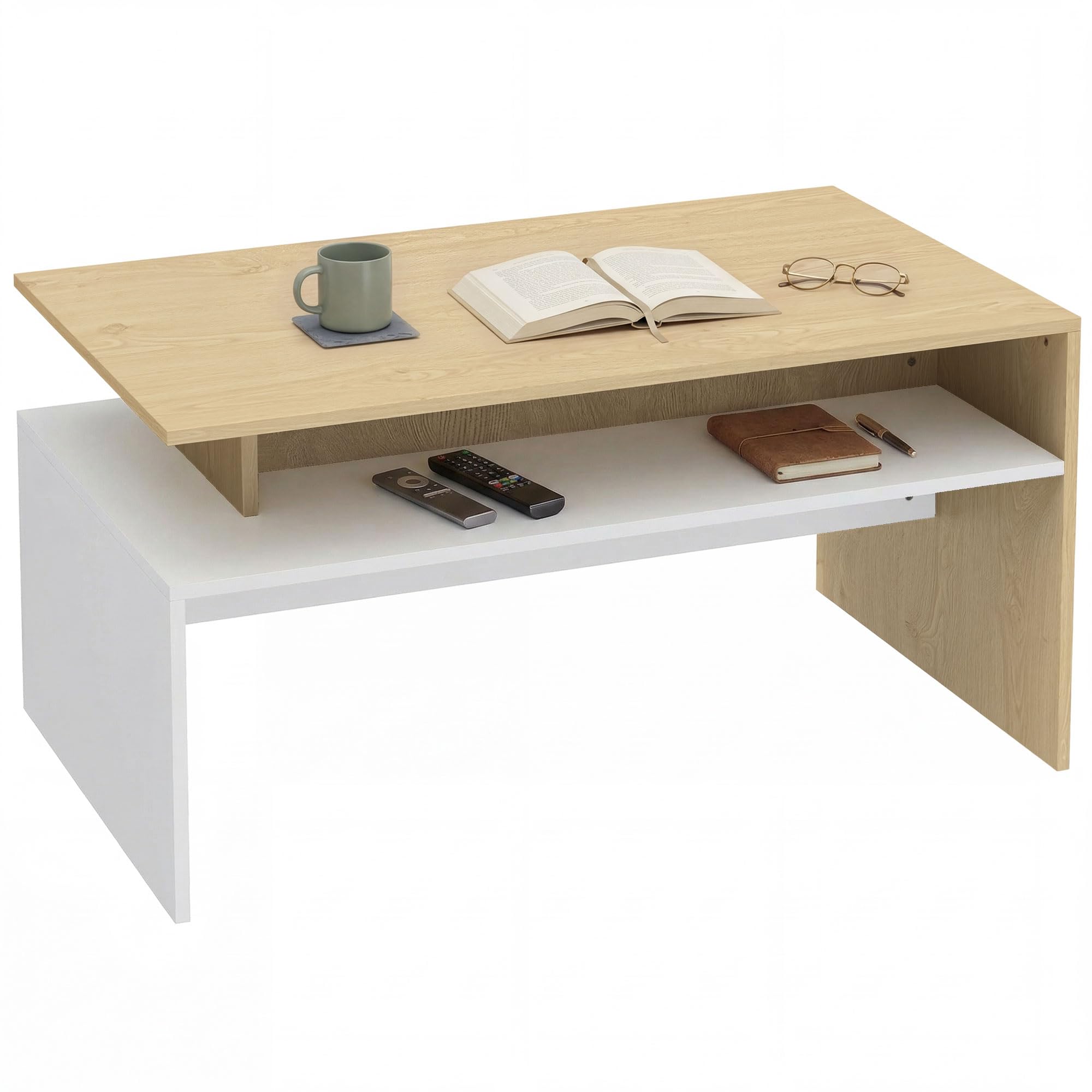HOMCOM Tavolino da Caffè, Tavolino Salotto Moderno Bicolore con Mensola Sfalsata, Tavolo Soggiorno per Casa Ufficio, 95 x 55 cm, Legno Naturale e Bianco