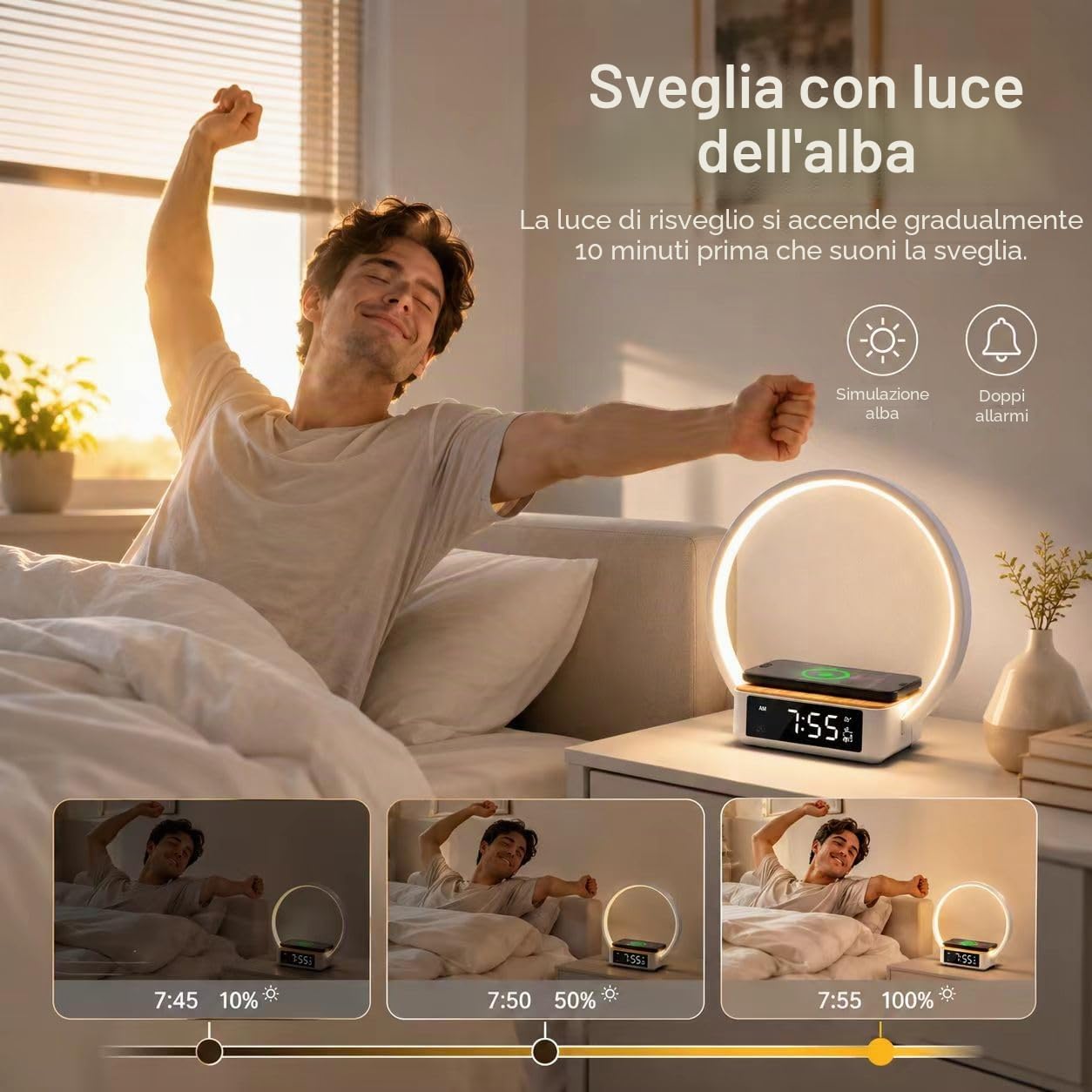 Lampada da comodino con Caricabatterie Wireless veloce,10 W Lampada da Tavolo a Led con Touch dimmerabile Sveglia, orologi con 3 Livelli Di Luminosità per camera da letto/studio