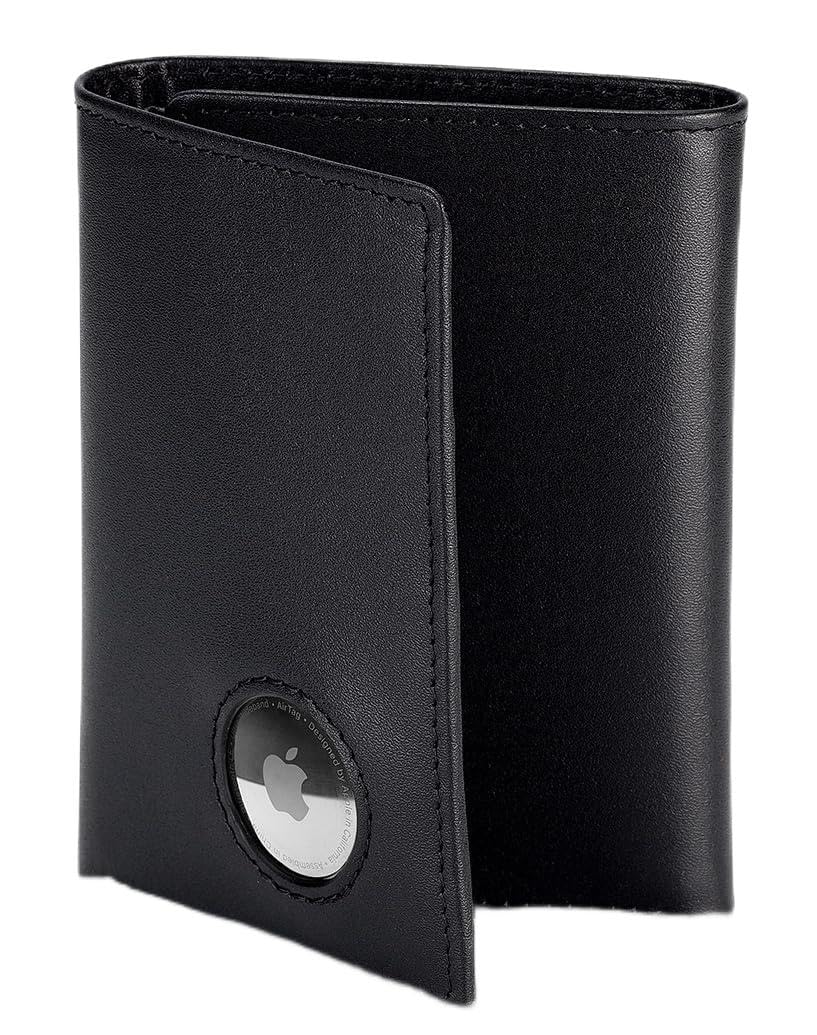 Stealth Mode Men's Leather Trifold Wallet with Airtag Holder and RFID Blocking (Black)