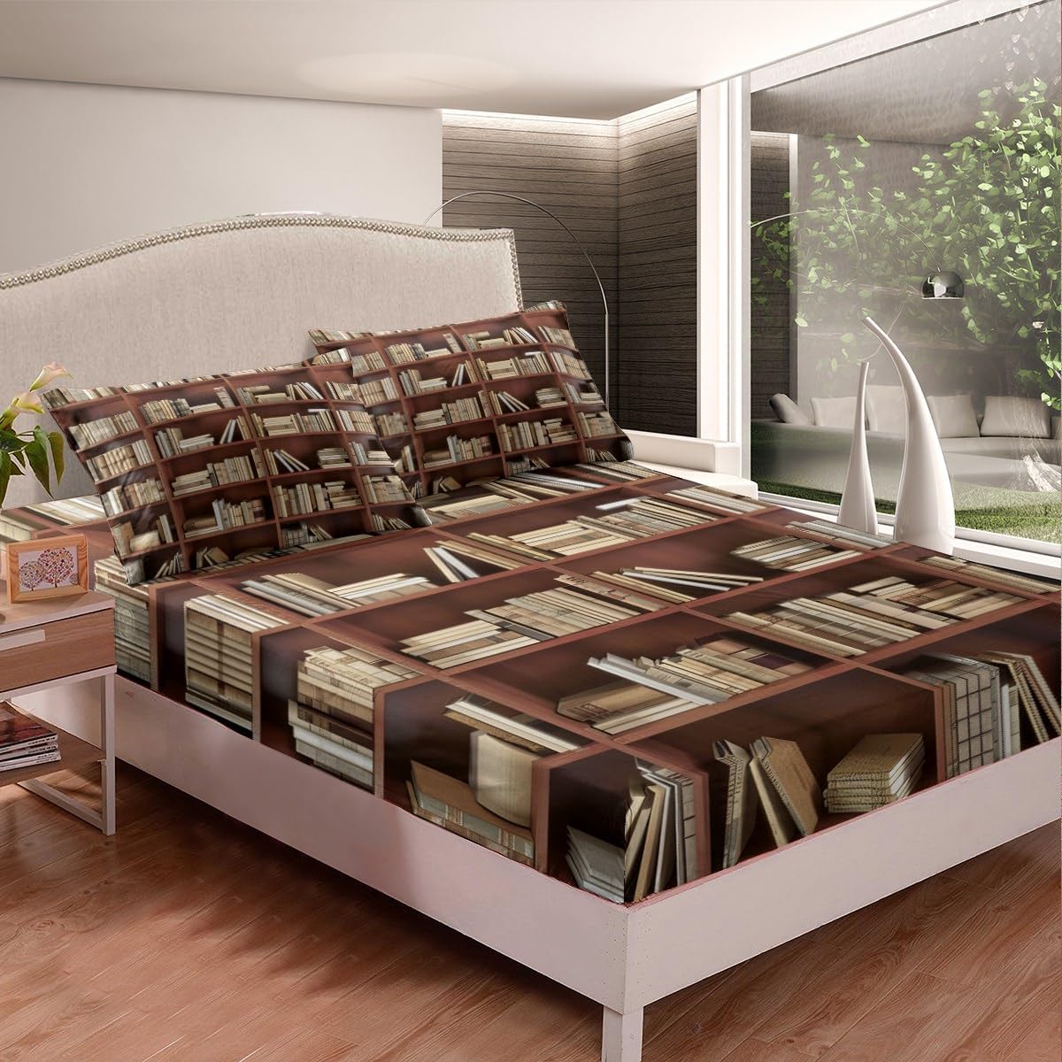 Erosebridal Library Bedding Set Book Fitted Sheet Study Bookshelf Bed Cover for Kids Boys Girls Students School Educational Theme Bedclothes Bedroom Decor with 1 Pillow Case Twin Size