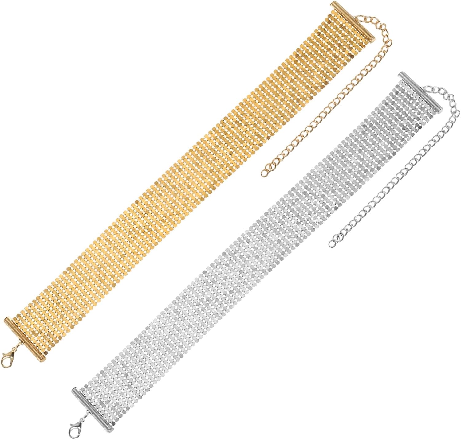 MECCANIXITY 2 Pcs Wide Sequin Necklace, Metal Mesh Shiny Short Collar Necklace Punk Sequins Neck Chain for Women Accessories Party Evening Banquet Daily Dress, Gold/Silver