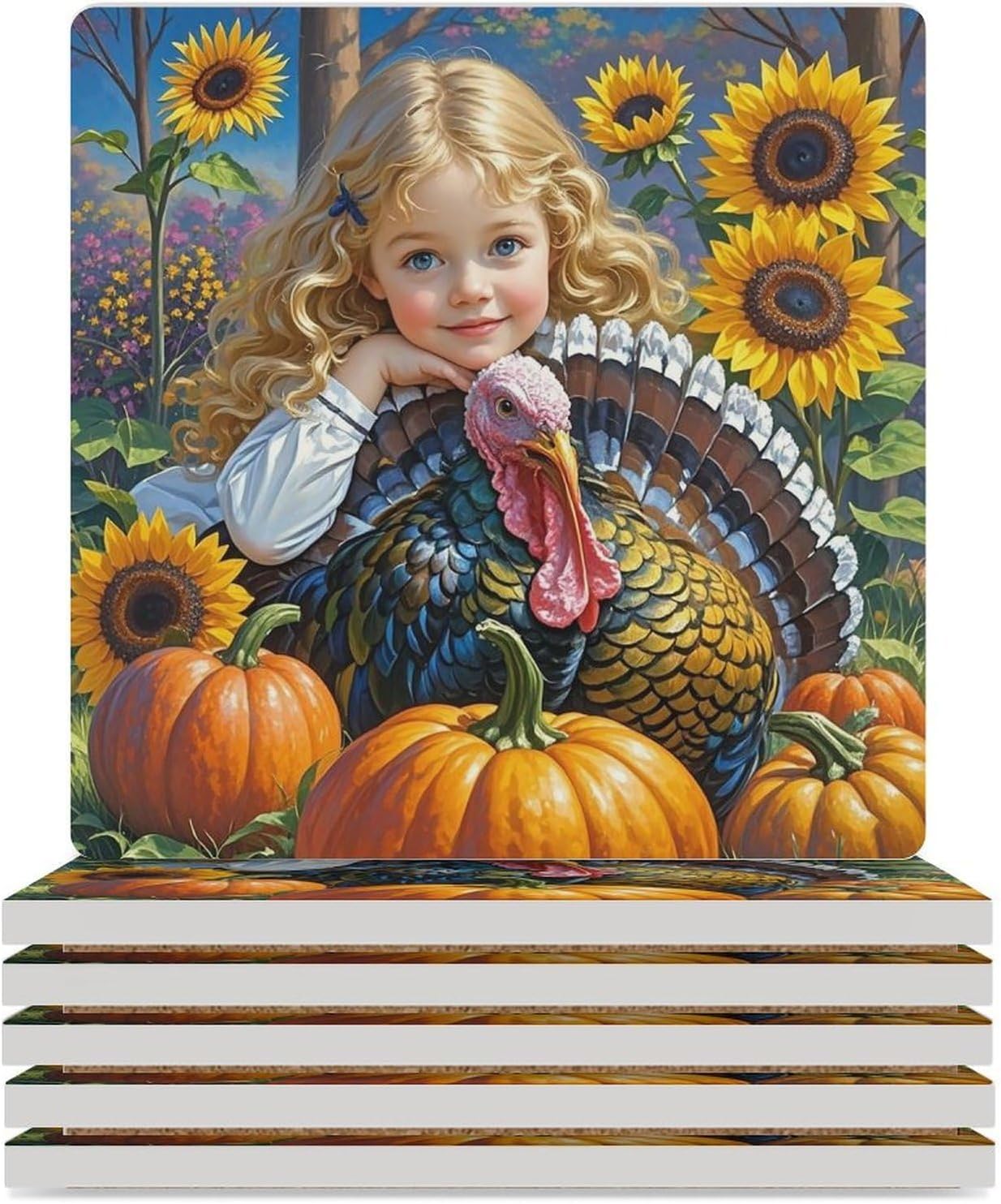 Autumn Thanksgiving Coasters Absorbent Ceramic Coasters for Drinks Coaster with Cork Backing for Table Protection Square Drink Cup Mat Modern Style Coaster for Coffee Table