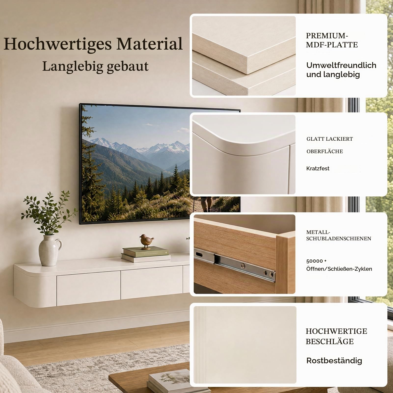 TV Lowboard Hängend 160cm Weiß, Komplett Vormontierter Schwebender TV Schrank Mit Stauraum, TV Board Zur Wandmontage, Modernes Hänge Lowboard für Wohnzimmer