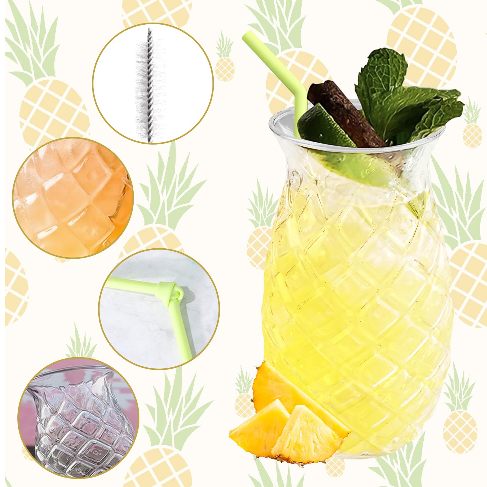 Set di 4 bicchieri di ananas: 400 ml, trasparenti da cocktail con rilievo di ananas, riutilizzabili, bicchieri da festa con 4 cannucce + spazzole di paglia, bicchieri di succo, bicchieri da