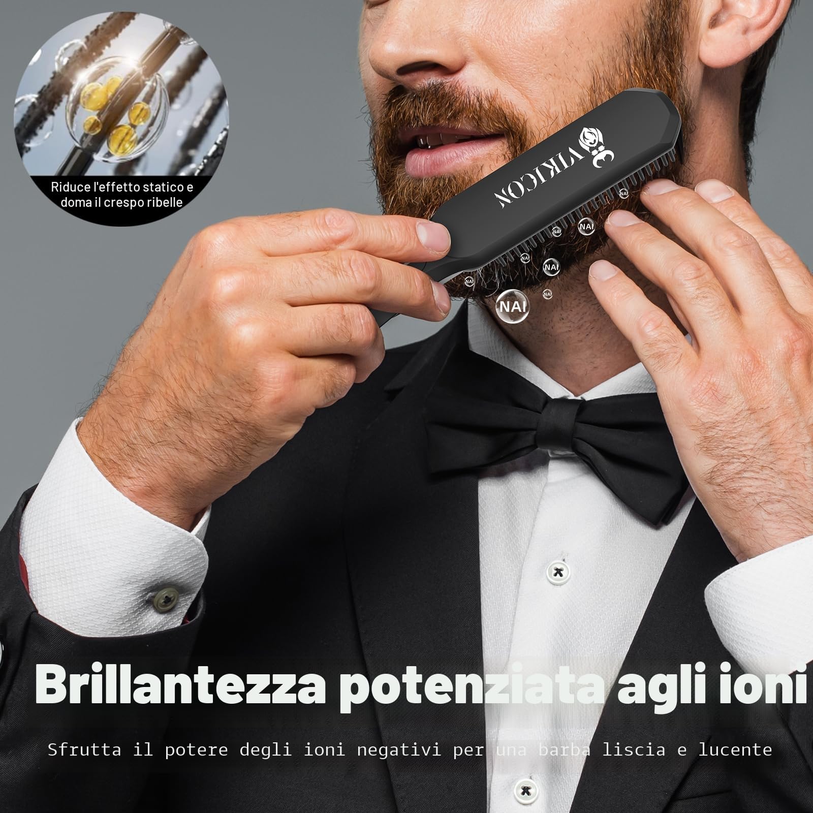 VIKICON Piastra per Capelli e Barba Uomo, Spazzola Lisciante Elettrica Professionale a Ioni Negativi per Capelli, Tre Temperature Regolabili, Portatile, Antiscottatura, Riscaldamento Rapido