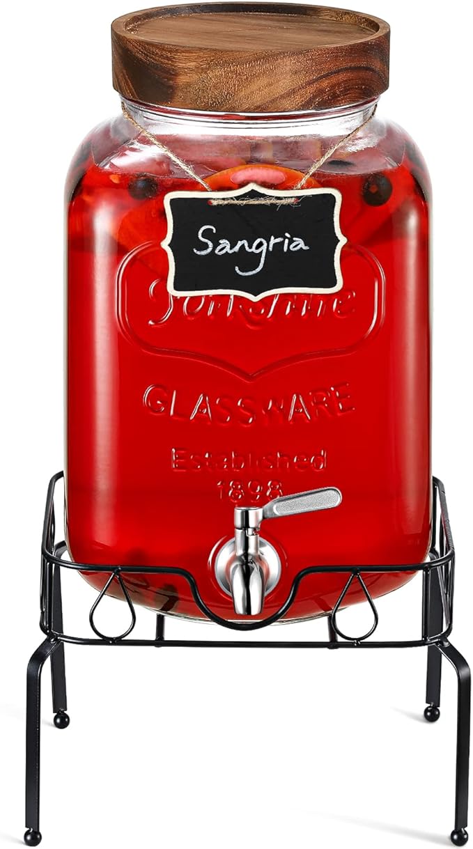 2 Gallon Glass Beverage Dispenser with Stand, 18/8 Stainless Steel Spigot, Designed
