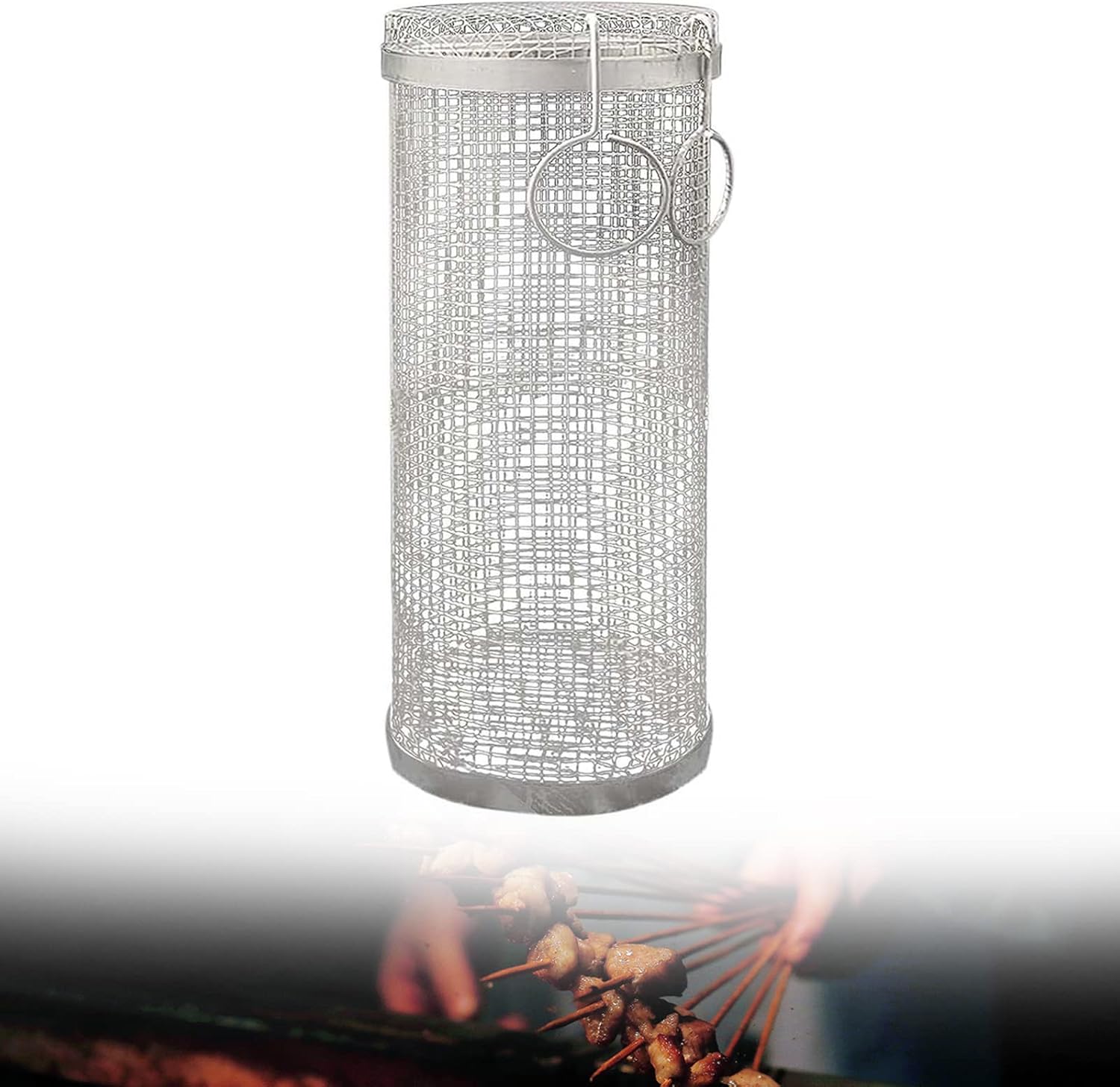 Rolling Grill Basket, Stainless Steel Roaster Cylinder, Outdoor Cooking Accessories for BBQ, Camping & Picnics - Round Wire Mesh Grill Basket (Large Size)