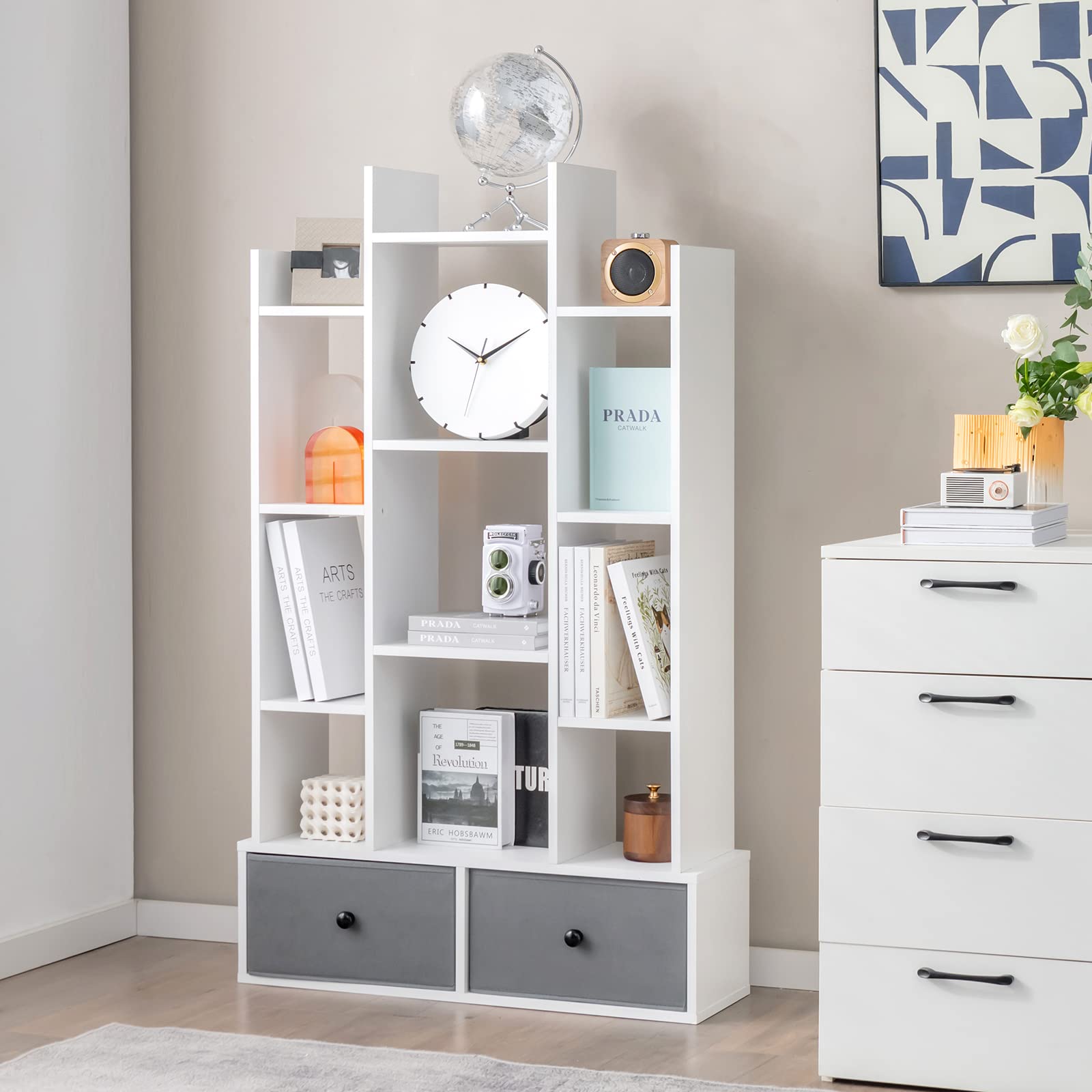 COSTWAY Estantería Librería de 12 Niveles con Cajón, Estabtería de Madera con 12 Compartimentos, Estudio, Sala de Estar, Dormitorio, 80 x 24 x 132cm (Blanco)