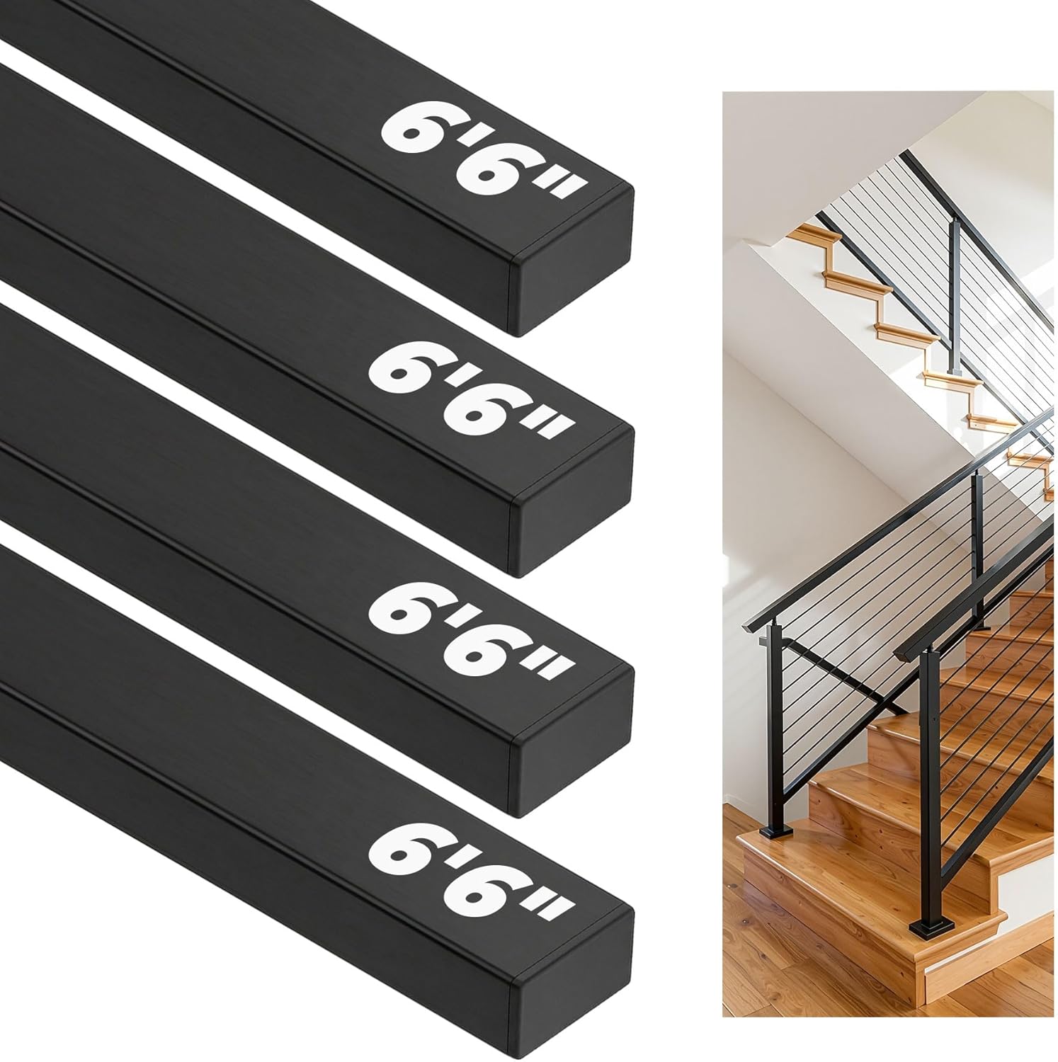 6'6" Stainless Steel Black Handrail for Cable Railing System, Rectangular Flat Top Rail with End Caps, Cuttable Deck & Stair Handrail for Indoor Outdoor DIY Balustrade HT07-4 Pack