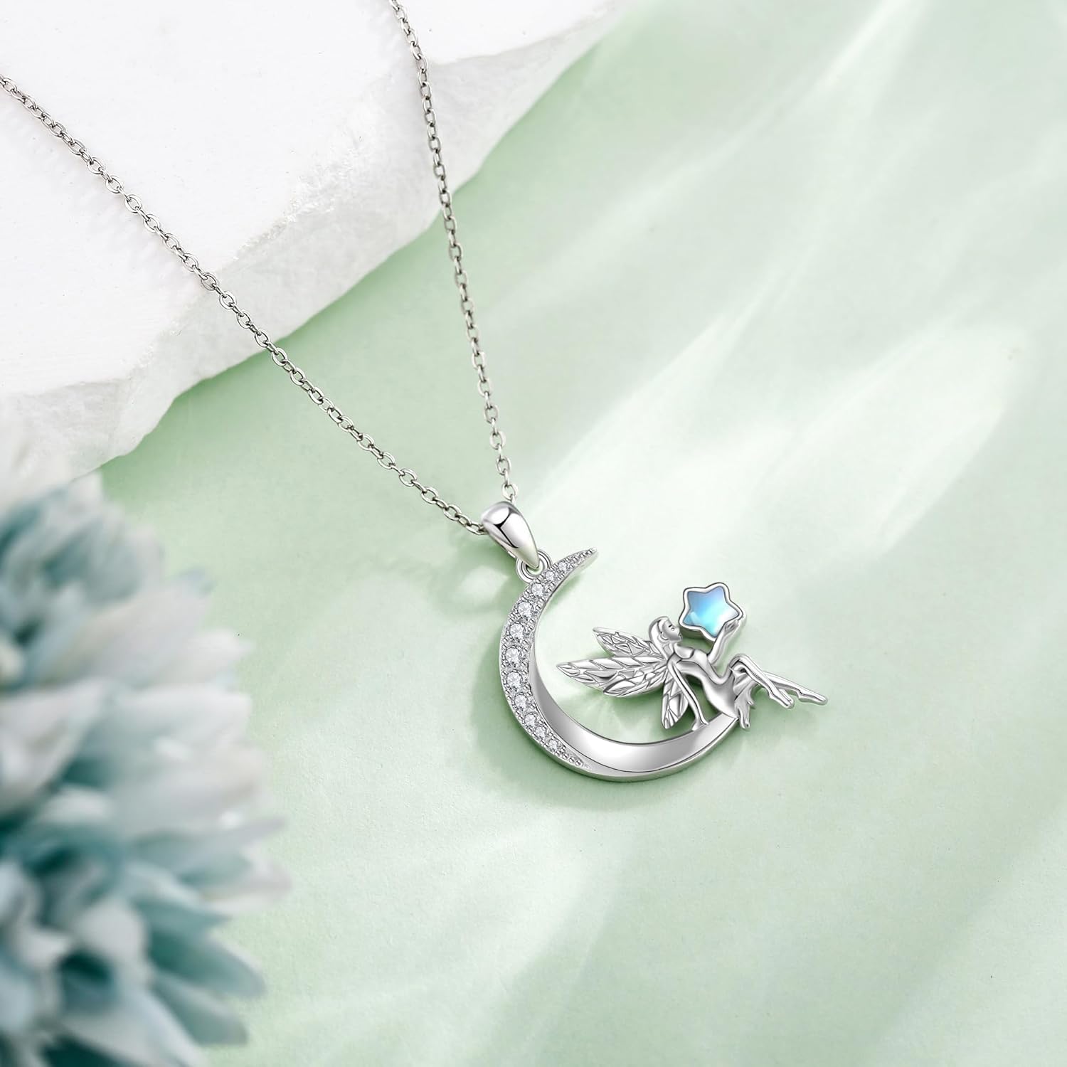 URONE Fairy Necklace 925 Sterling Silver Fairy Elf Moon Pendant Necklace Fairy Jewelry Gifts for Women - Image 3