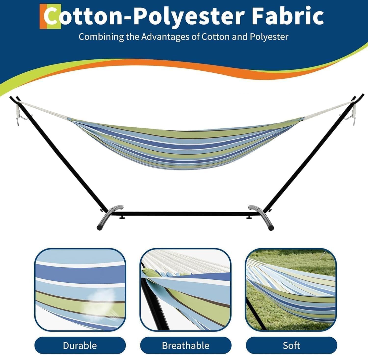 Double Hammock with Steel Stand, Outdoor Portable Hammocks Accommodates with 450Lb Capacity 2 People& Portable Carry Bag for Outside Camping Garden Yard,Blue Green